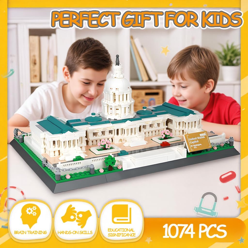 United States Capitol Building Blocks Set 1074 Pieces Washington D.C. Architecture Model Kit with Nameplate & Chain Fence USA Landmark Souvenir Gift Construction Toy for Adults & Teens