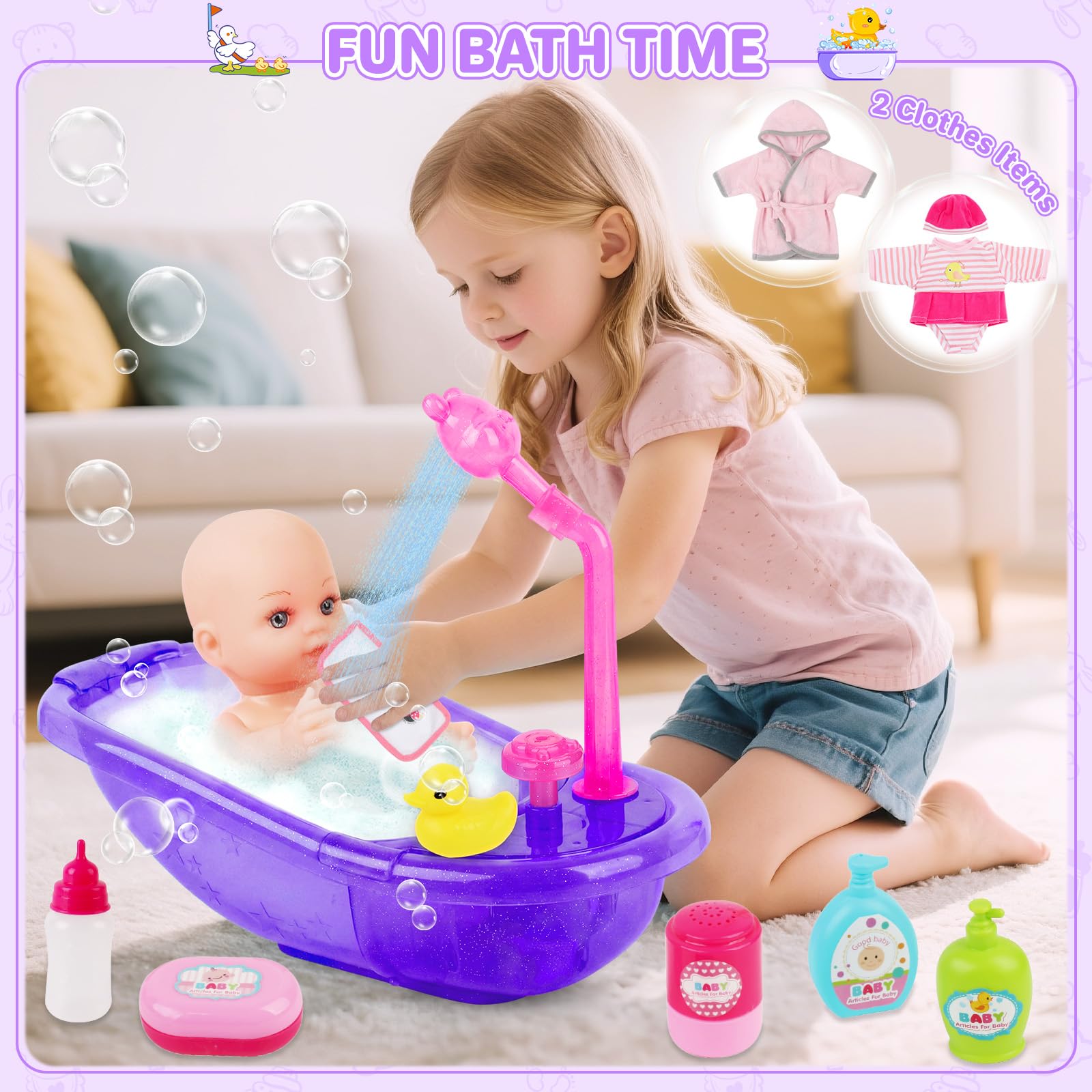 deAO Ensemble de Bain Poupon Jouet Avec Accessoires poupée bébé, Baignoire Jouet Pour Enfants Pour Enfants Pour Jeu de rôle Pour Enfant