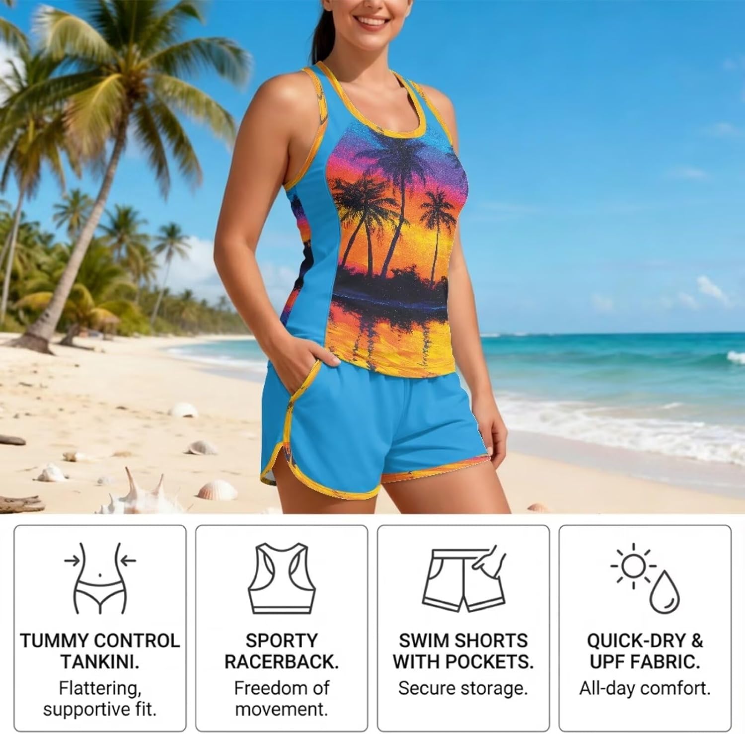 Tankini Swimsuit for Women 2026 Two Piece Modest Bathing Suits with Sporty Pockets Boy Shorts for Tummy Control