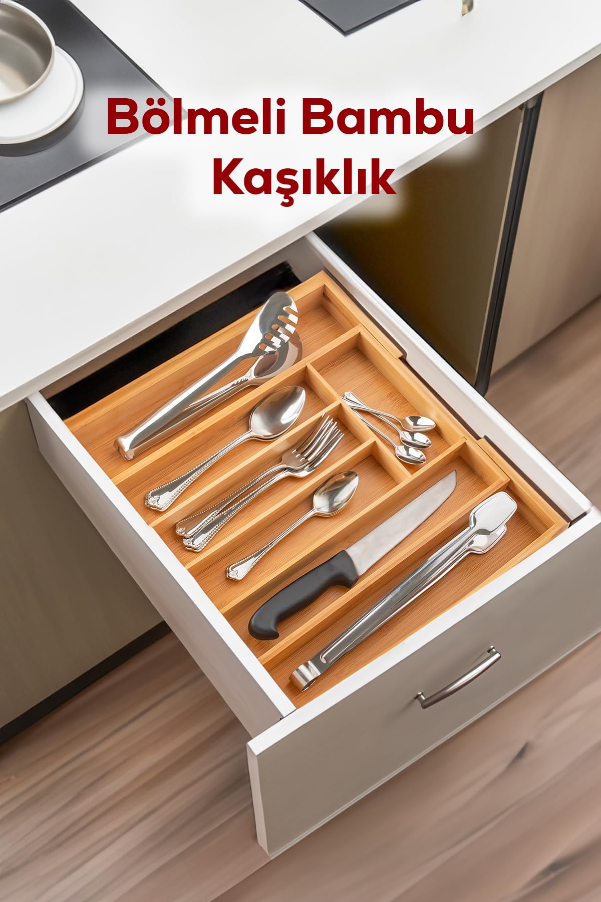 DUFFA 5+2 Bölmeli Bambu Kaşıklık Çekmece İçi Kaşıklık Yandan Açılır +2 Bölmeli Kaşıklığı Doğal Bambudan El Yapımı