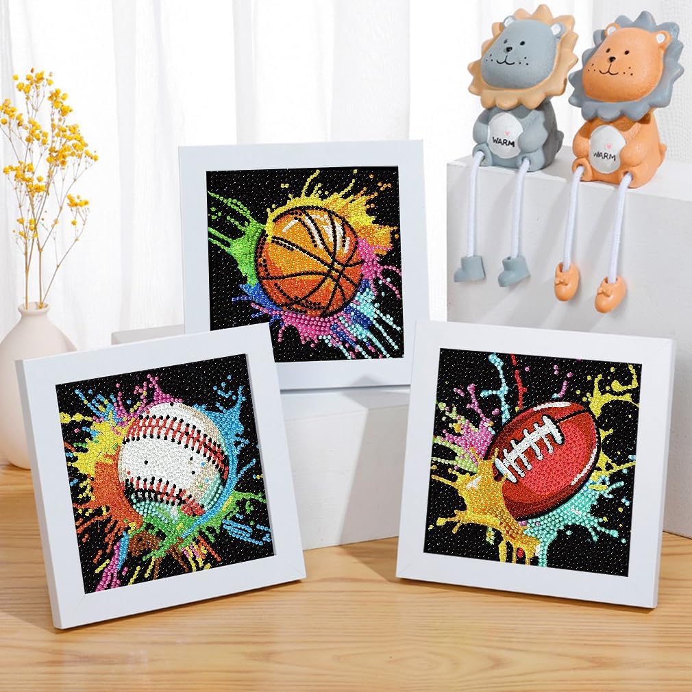 LEZHIJIA 4 Pack Small Diamond Art for Kids, Balls Mini Diamond Painting Kits for Kids, Diamond Dots Full Drill Crafts for for Kids Ages 4-8-12, Easy Gem Kit Kid for Gift Home Wall Decor 7x7inch