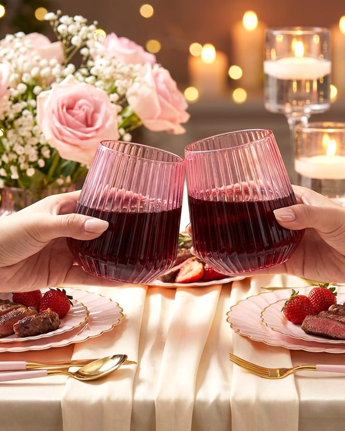 30 Pack Pink Plastic Ribbed Wine Glasses, 12 OZ Origami Stemless Disposable Wine Champagne Whiskey Glasses Unbreakable Clear Plastic Cocktail Glasses, Wine Cups for Party Wedding & Mother's Day