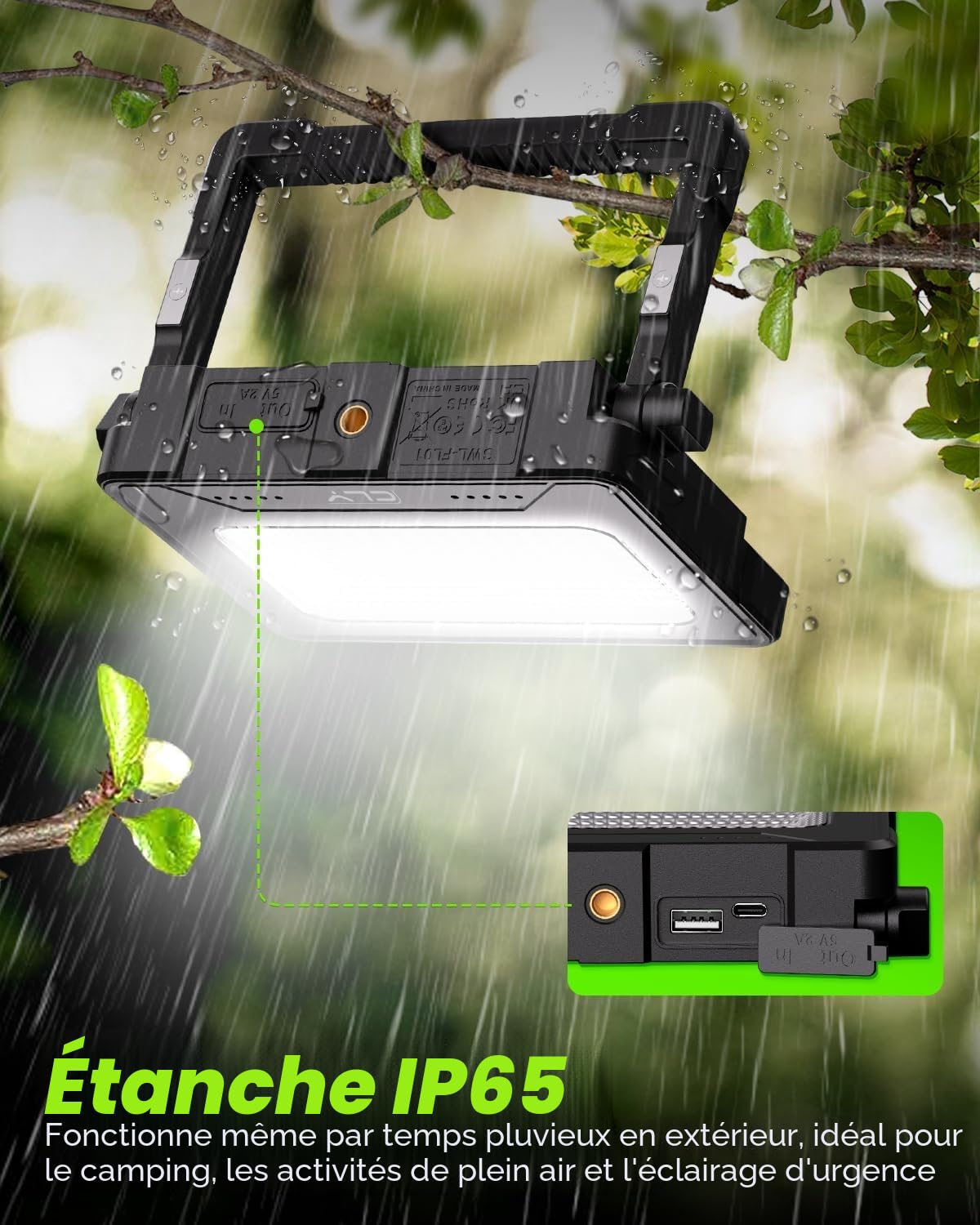 CLV Projecteur LED Rechargeable USB 60W 12000MAH Projecteur Chantier Portable Magnétique 4 modes d'éclairage et 5 niveaux de luminosité Batterie externe d'urgence avec Panneau Solaire pour Camping