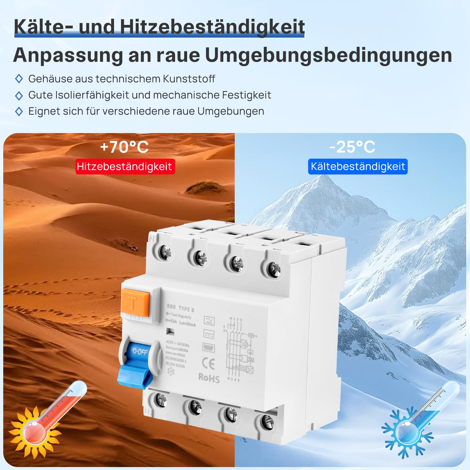 FI Schutzschalter,FI Typ B 40A/63A 4 Polig 30mA Allstromsensitiv RCD für Wallbox Ladestation Photovoltaik Wechselrichter DIN Hutschiene mit DC Fehlerschutz EN61008 (63A)
