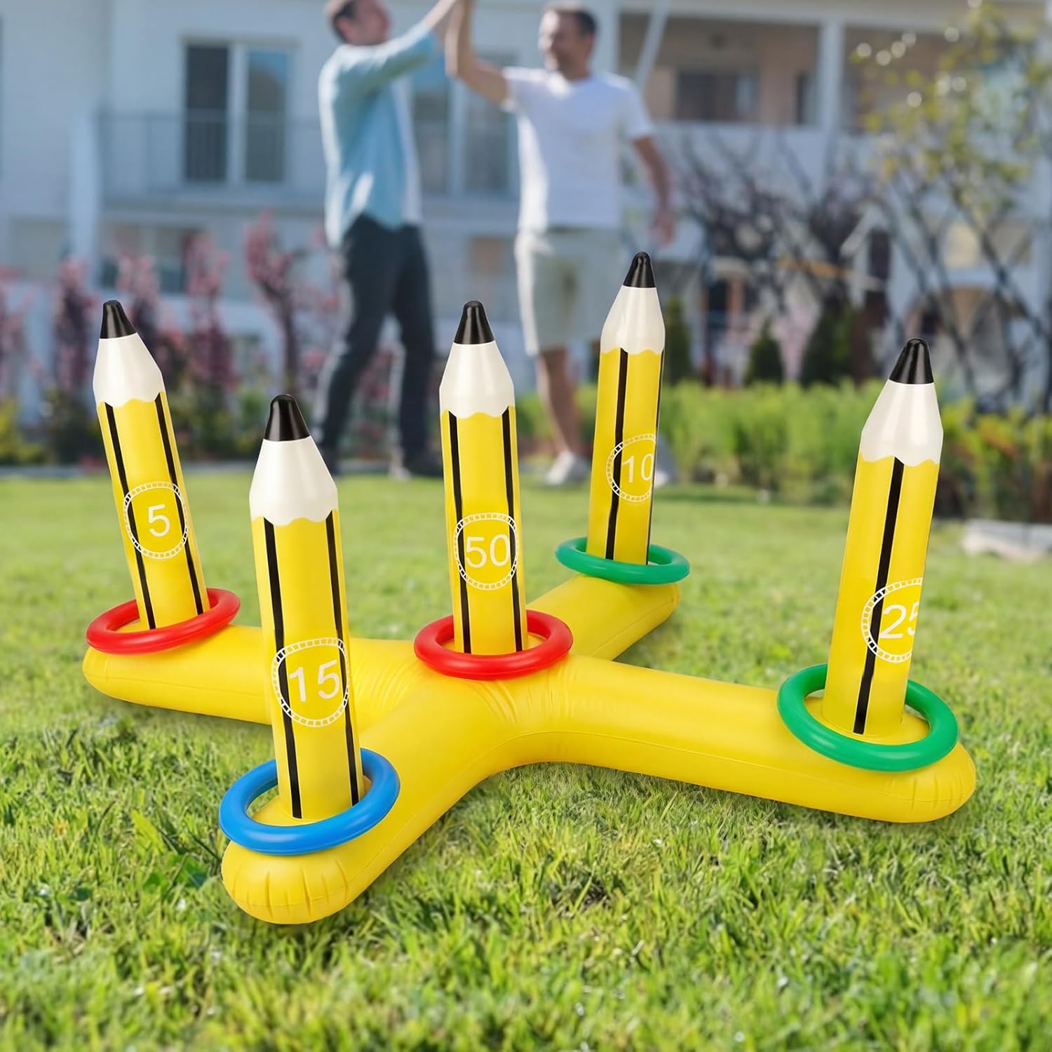 Skylety 3 ft Inflatable Pencil Ring Toss Game with 5 Colorful Rings Pool Ring Toss Toys for Family Summer Pool Birthday Party Inflatable Games Giant Outdoor Lawn & Yard