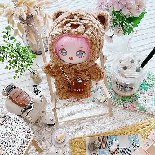 Miniatura 2 de niannyyhouse Ropa de muñeca de felpa de 7.9in con patrón de oso para vestir de 8 pulgadas, ropa de muñeca de peluche Kpop (marrón)