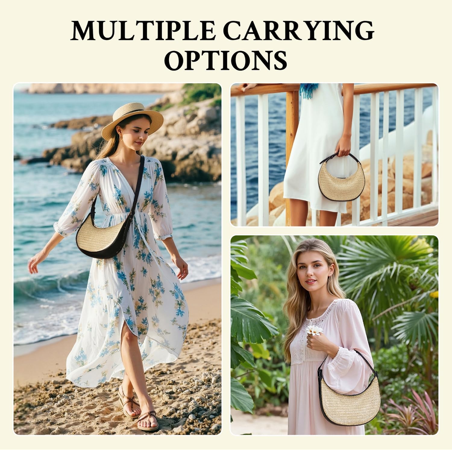 Herald Straw Crossbody Bag for Women Beach Woven Hobo Handbag Summer Chic Crescent Shoulder Purses with Adjustable Strap - Image 2