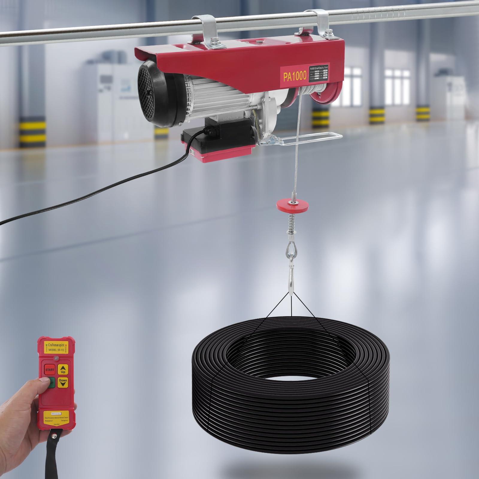 Elektrische Seilwinde Mit Fernbedienung, 500kg Bis 1000kg HubhöHe 12m, Elektrischer Seilzug Seilhebezug Aufzug Flaschenzug 1800w 220V, 10m/Min