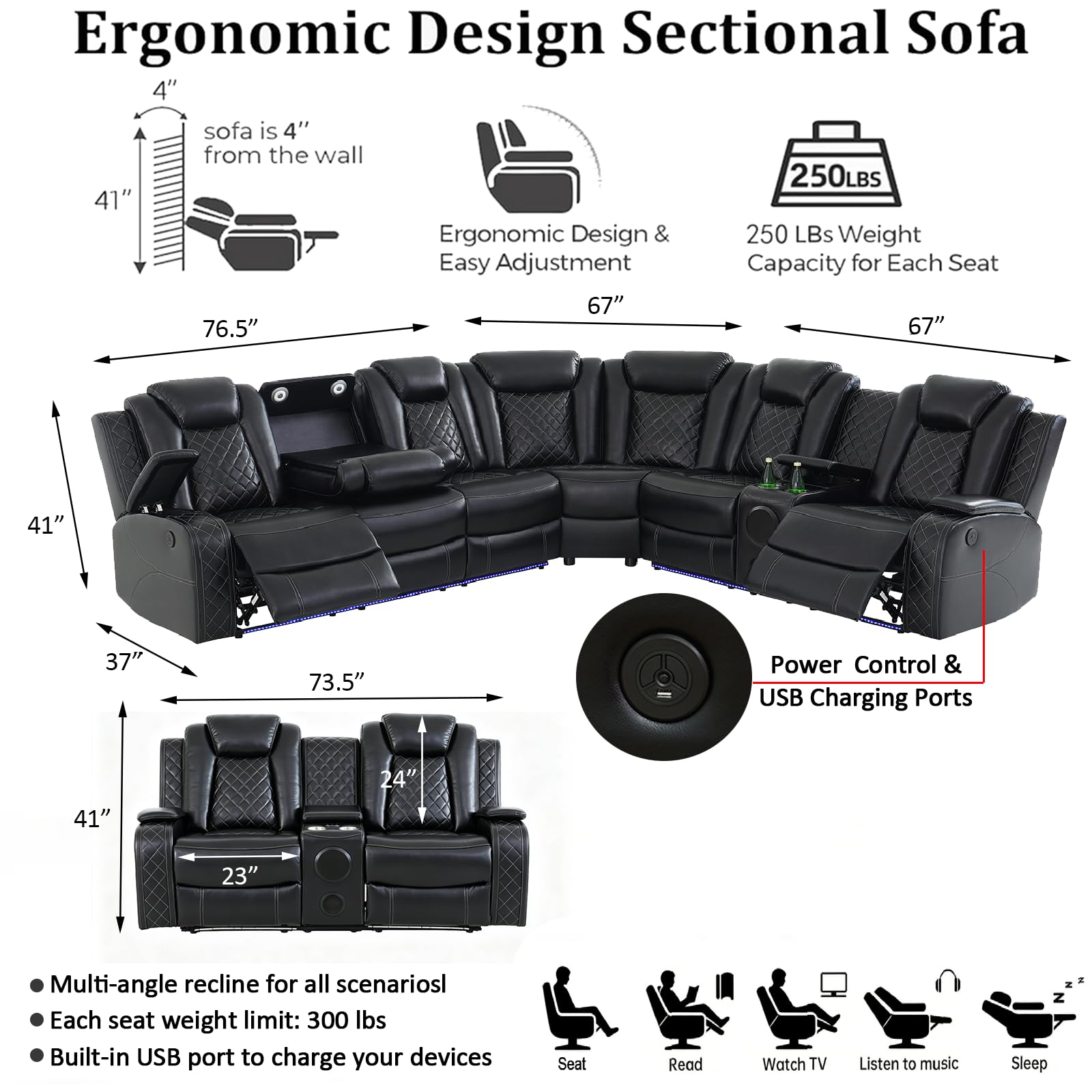 Leather Power Reclining Sectional Sofa Set with Bass Speakers & USB Ports view 2