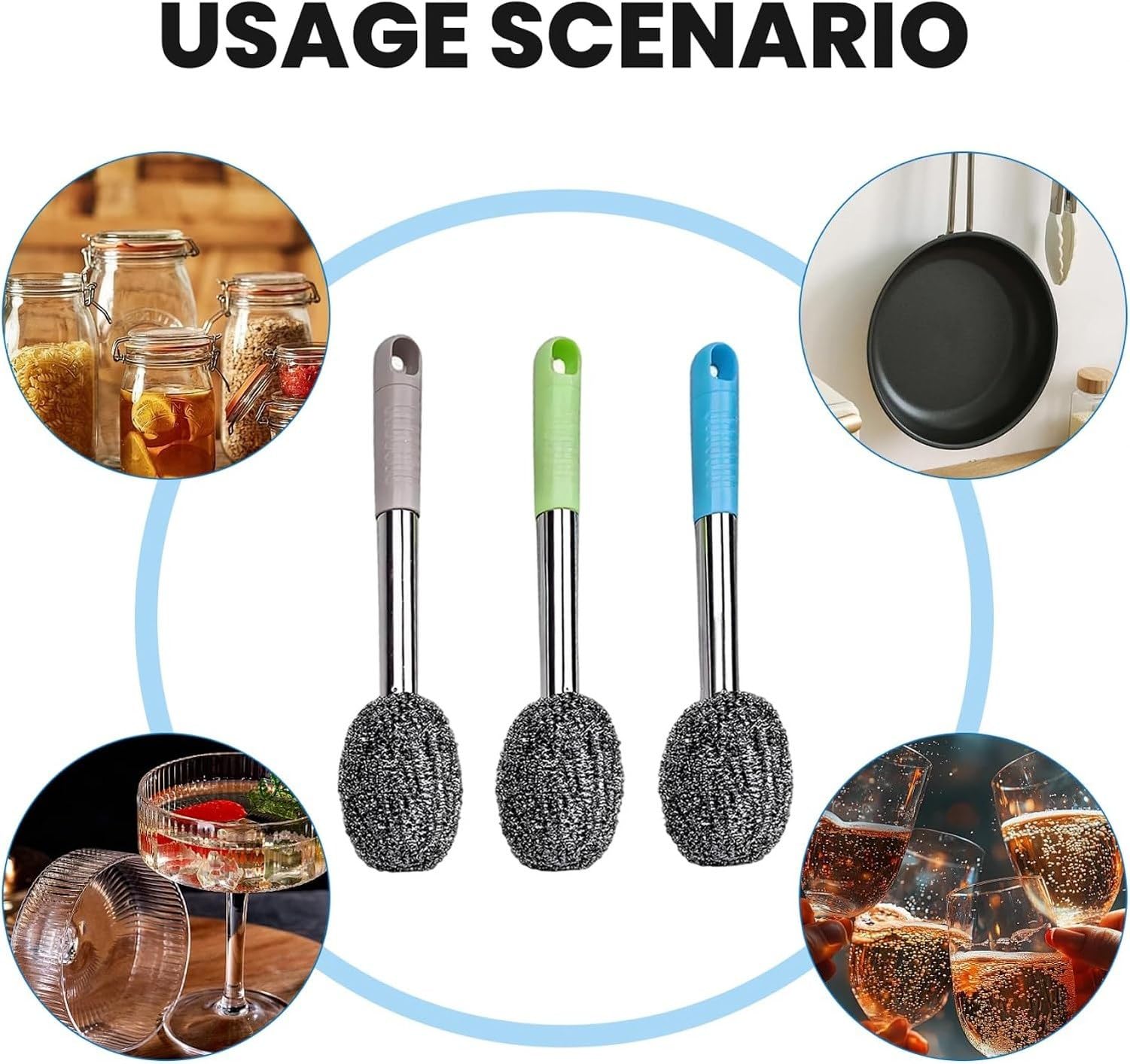 Set 3 Spazzole per Bottiglie con Manico Lungo e Setole in Acciaio