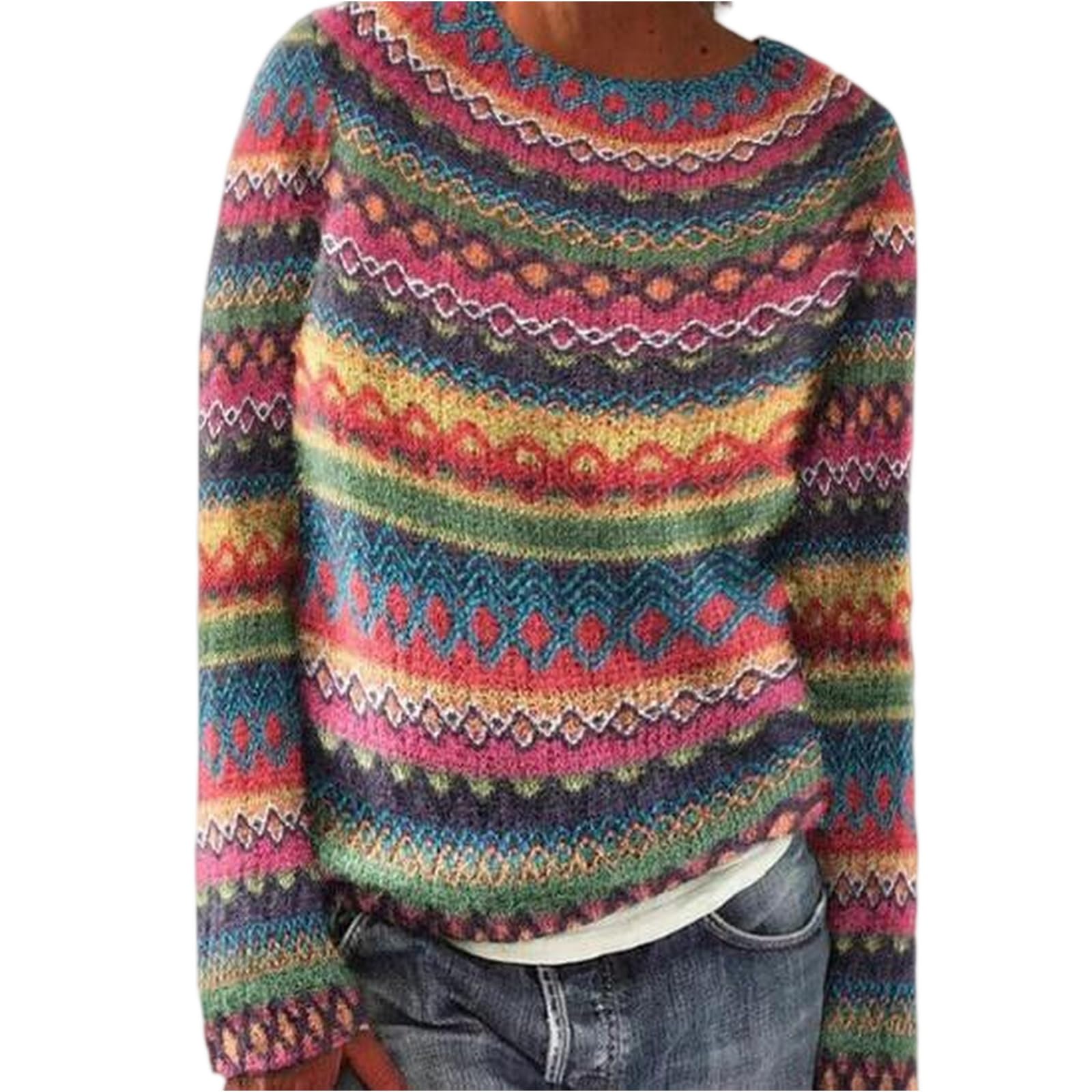 Womens Fair Isle Print Retro Knitted Sweater Casual Crewneck Long Sleeve Lightweight Cropped Vintage Pullover Sweater
