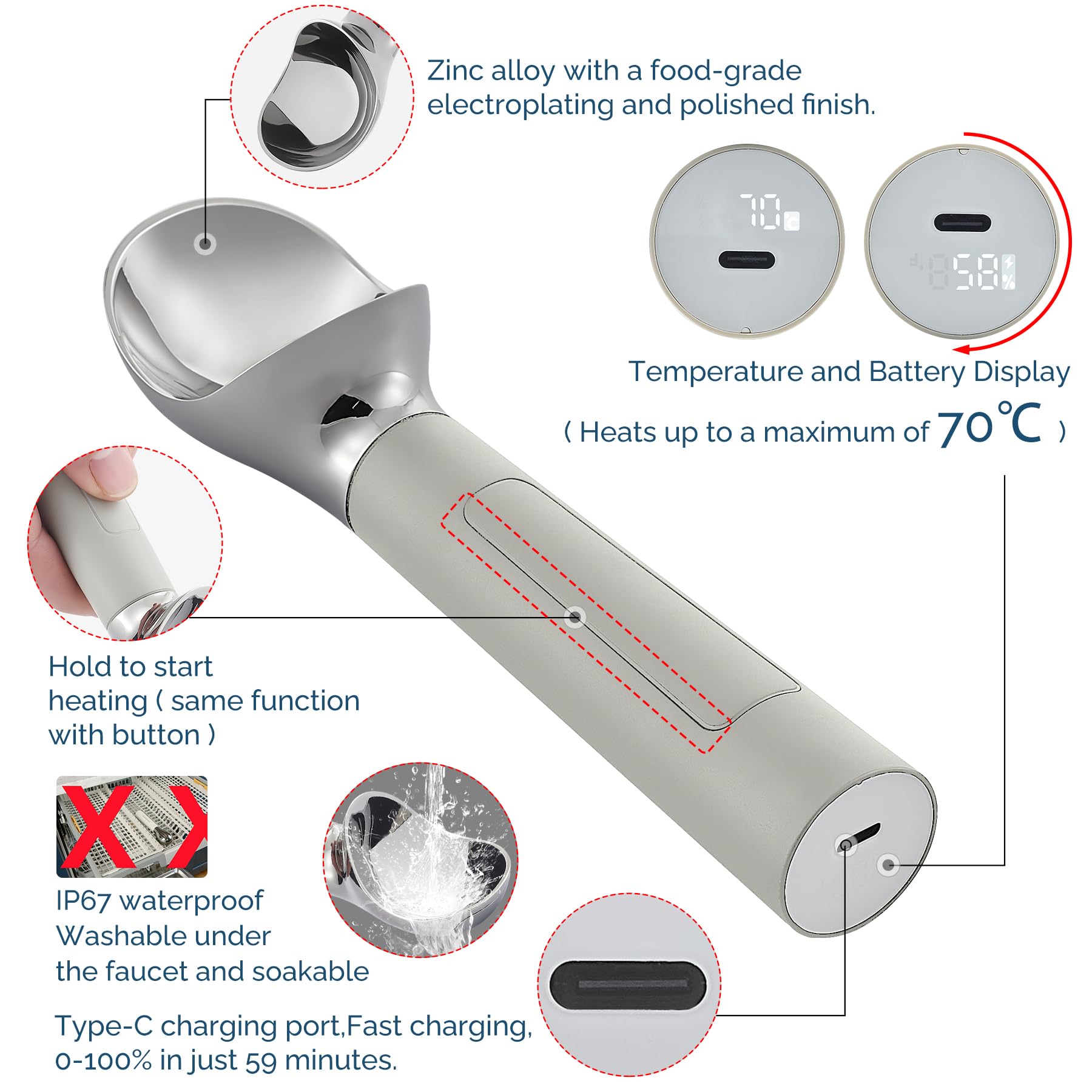Cuchara de helado calentada recargable, cuchara eléctrica para helado con pantalla LED, se calienta a 70.0 °C para helados duros, fácil para personas mayores y niños, impermeable IP67 (gris, 2 onzas)