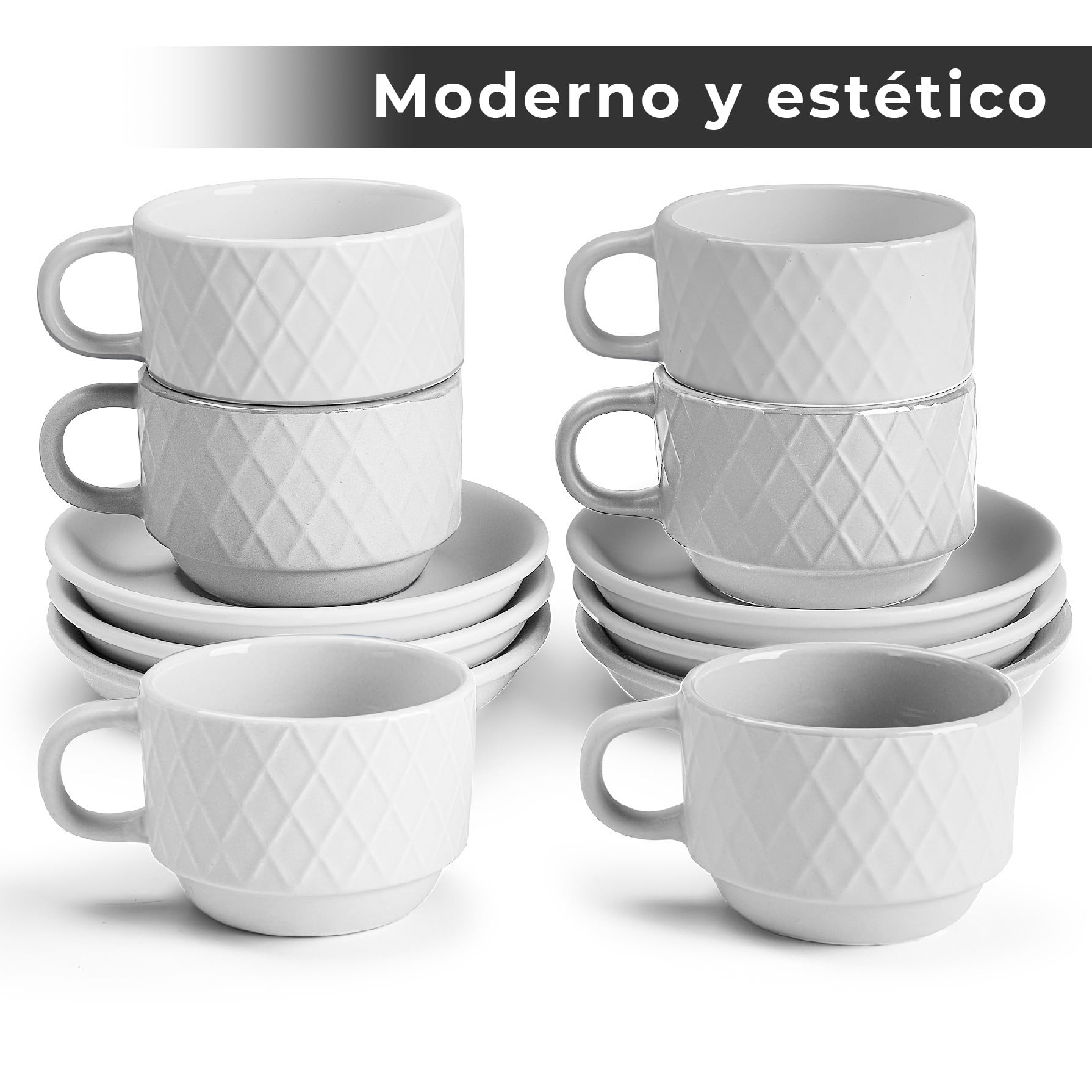 MIAMIO - Set de 6 Tazas Espresso 75 ml con Soporte Cerámica Gres – Tazas Pequeñas para Espresso – Juego Moderno en Blanco – Colección Palmanova, Apta Lavavajillas | Con soporte, apto para lavavajillas, microondas y frigorífico, 6 tazas