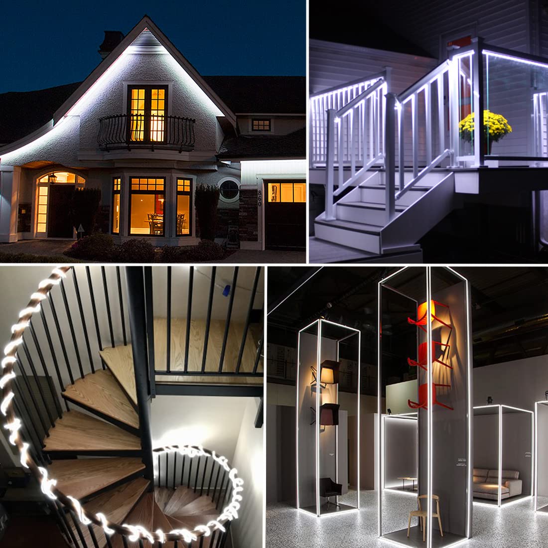 TigQiang 59ft LED Rope Lights, Dimmable Indoor Outdoor Rope Lights, Waterproof, 648 Daylight White LEDs, Flexible Connectable Cuttable, 110V 6000K, for Bedroom Garden Patio Stairs Balcony Party