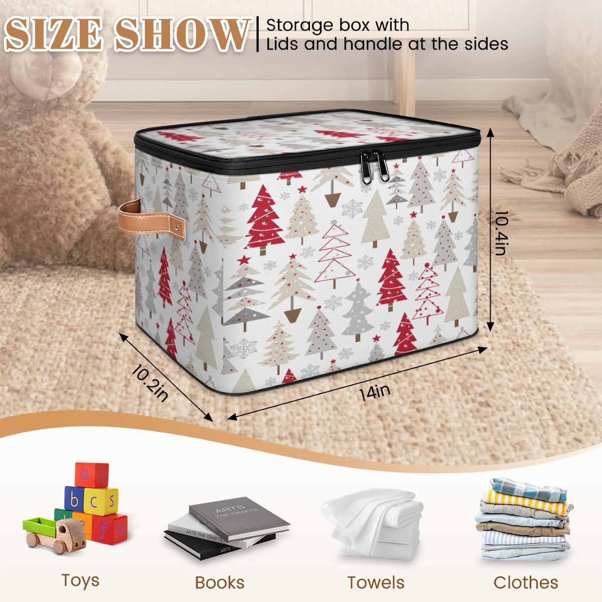 Storage Bin Set of 2 Christmas Xmas Tree Storage Basket with Zipper Lid & Handle Foldable Closet Shelf 2 Pack Cloth Organizer Basket Cube Bins for Bedroom, Nursery