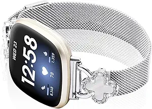Band Compatible with Fitbit Sense/Sense 2 Versa 3/Versa 4 for Women Stainless Steel Magnetic Strap Adjustable Four Leaf Clover Watch Bands.
