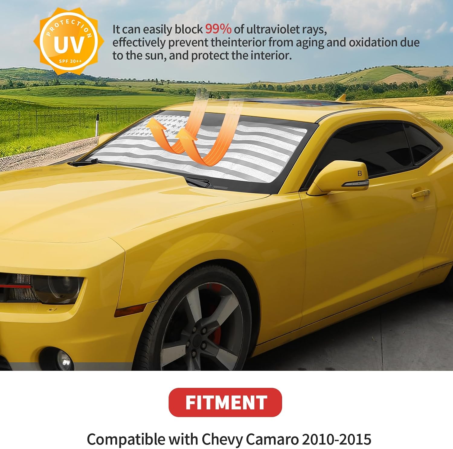 Front Windshield Sunshade Fit for 2010-2015 Chevy Camaro,Foldable Sun Shade Visor, Heat Insulating UV Blocker, Reflective Windshield Cover(Flag)