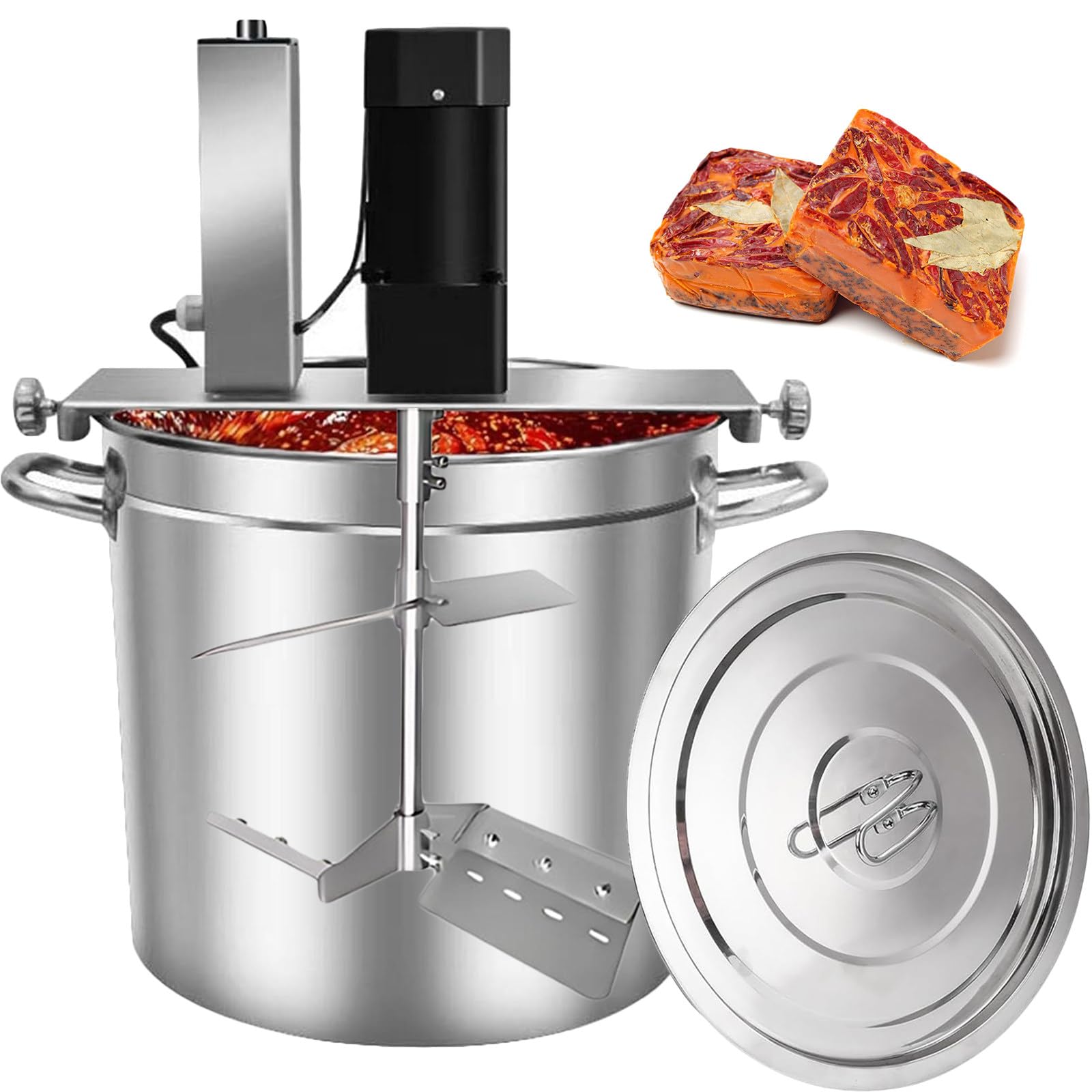 Lunauemaya Commercial Food Heating Mixer, Large Stainless Steel pot, Electric Hot Pot Soup Base Cooking Stirrer, Adjustable Stirring Speed for Thick Paste, Jam, BBQ Sauce, Filling & Hummus 25L