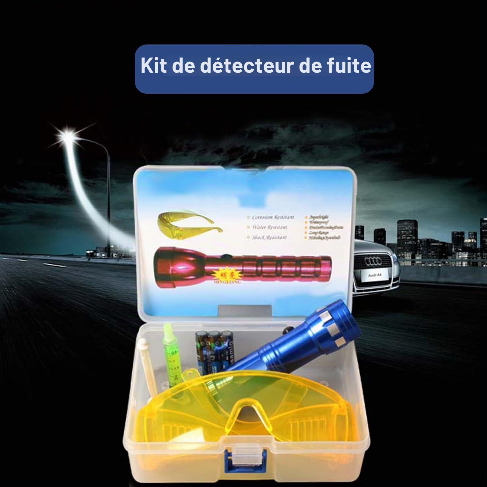 Kit de détecteur de fuite CA automobile, outil de détection de fuite de climatiseur automatique, lunettes de protection fluorescentes, kit de détection de fuite de teinture d'huile UV (L)
