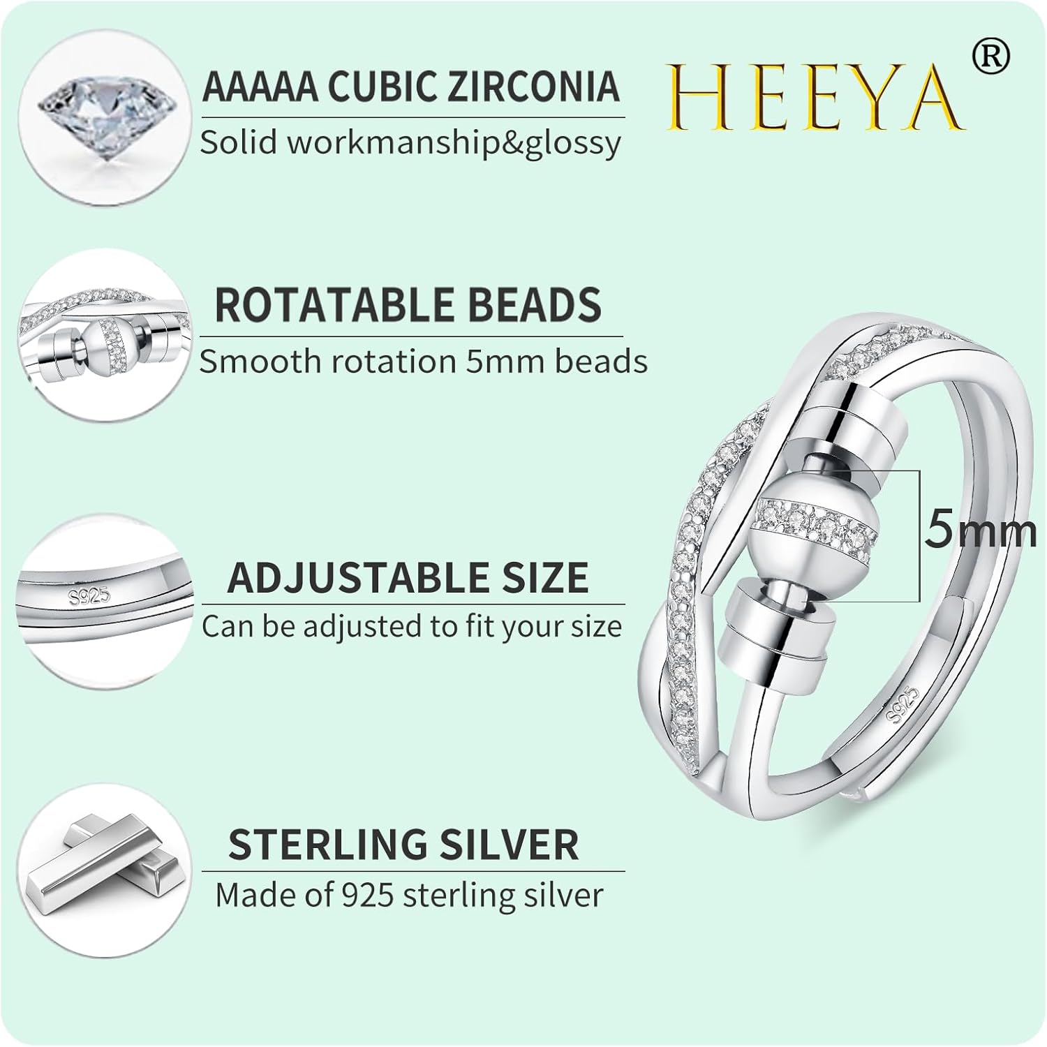 HEEYA Anxiety Rings for Women, Adjustable Sterling Silver Plated Fidget Rings with Beads, Stress Adjustable Spinner Ring, Thumb Jewelry for Birthday, Christmas, Valentine's Day