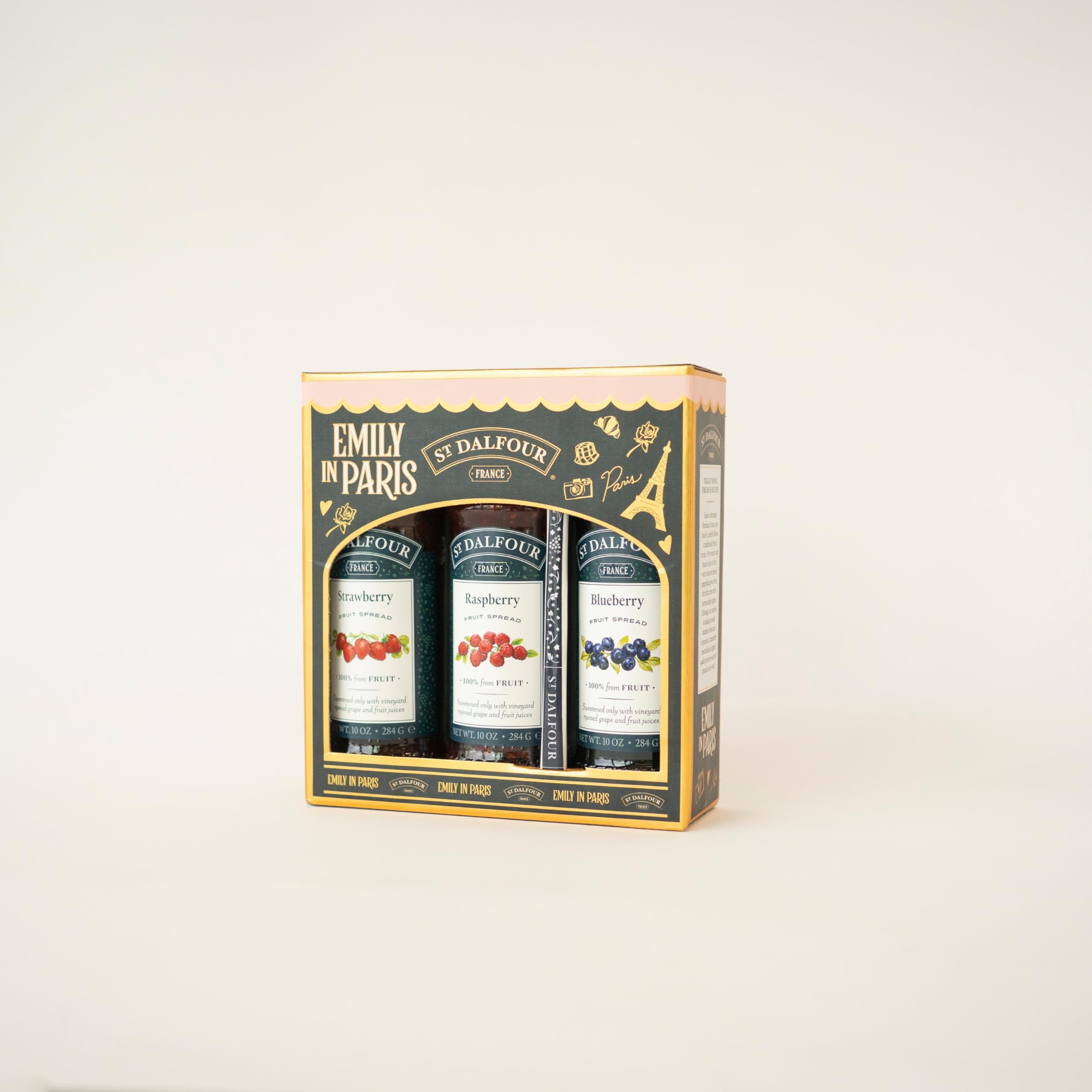 St. Dalfour Coffret Confiture – Édition Emily in Paris – 100% fruits, sans sucre ajouté, sans gluten – 3x284g (Fraise/Framboise/Cerise Noire) avec cuillère (Fraise, Framboise, Myrtille)