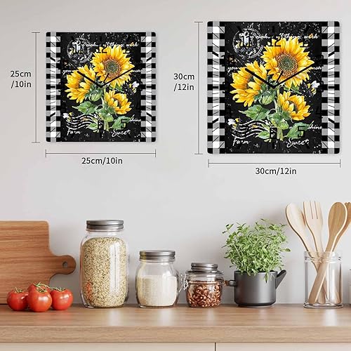 Miniatura 6 de Reloj de pared de madera con diseño de girasoles y abeja, silencioso, sin tictac, flores rústicas a cuadros en blanco y negro, funciona con pilas,