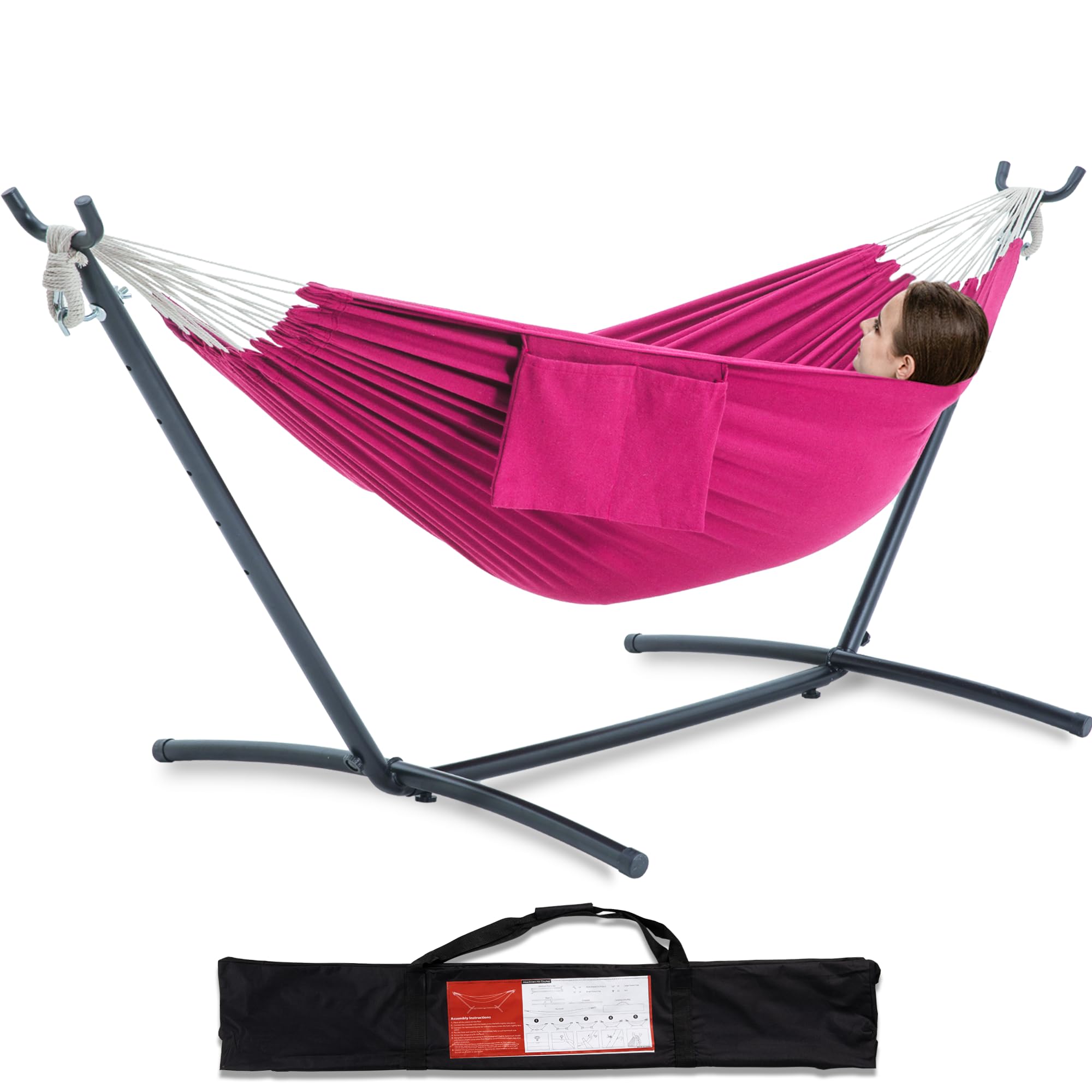 PNAEUT Double Hammock with Space Saving Steel Stand 2 Person Heavy Duty Garden Yard Outdoor 450lb Capacity Hammocks and Portable Carrying Bag (Rose Pink)