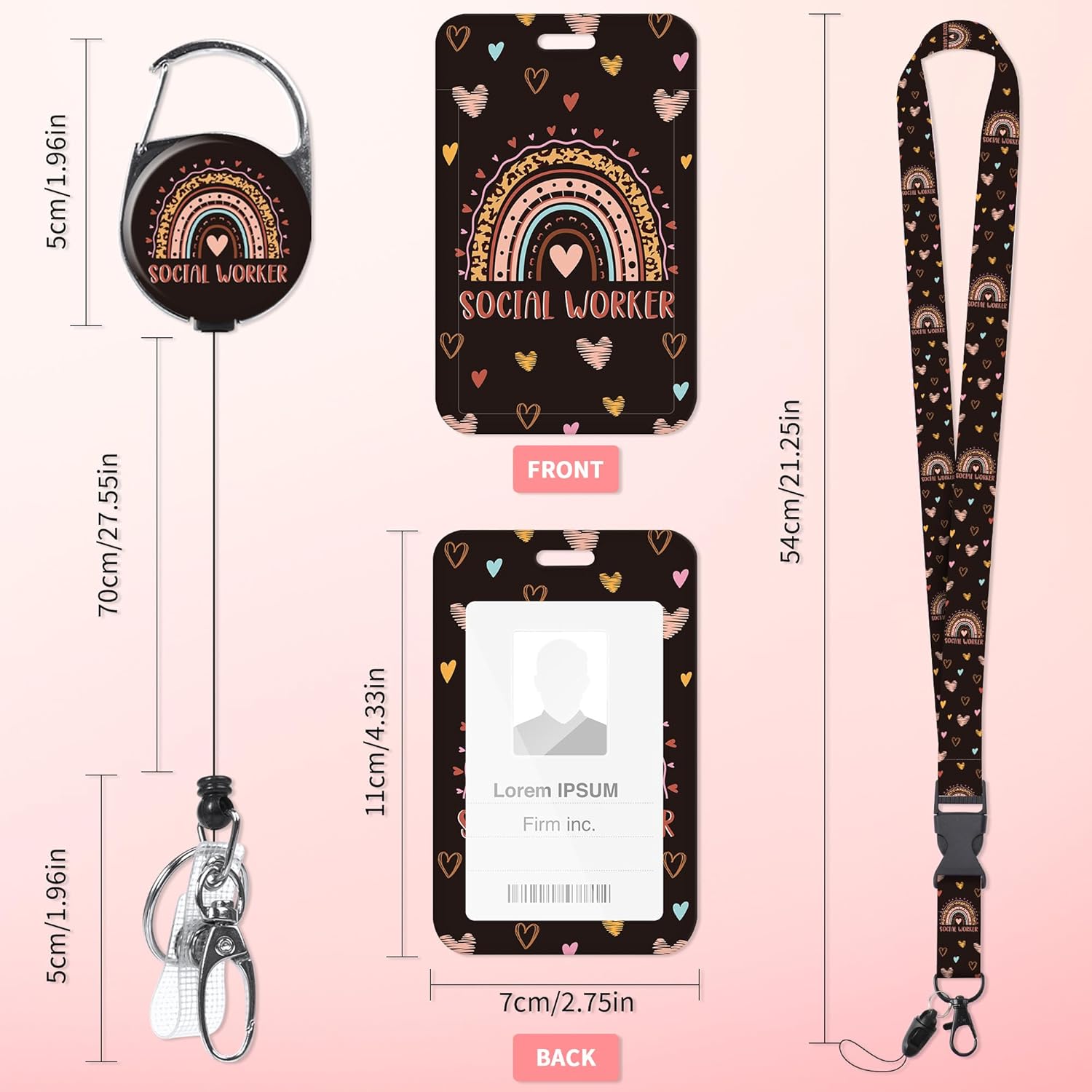 Badge Holder with Lanyard and Retractable Reel Clip, Rainbow Heart Design Social Worker ID Holder Set, Fun Gifts for Social Workers - Image 2