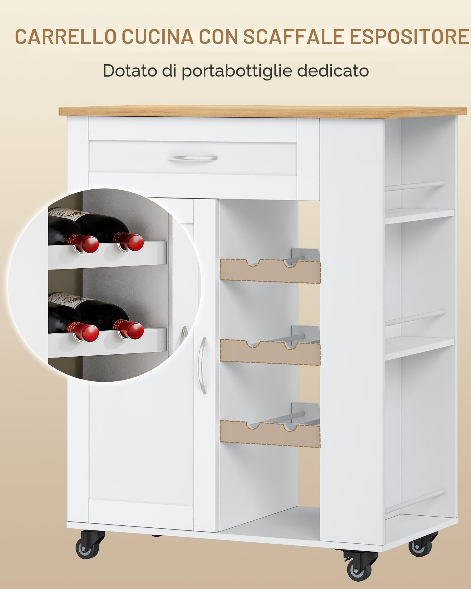 Hzuaneri Carrello Cucina, Mobile Cucina, Scaffale 3 Ripiani con Espositore per Vino, Mobile Multifunzione con Ruote, per Cucina, Soggiorno e Sala da Pranzo, 40 x 68 x 86 cm, Bianco ST03003W