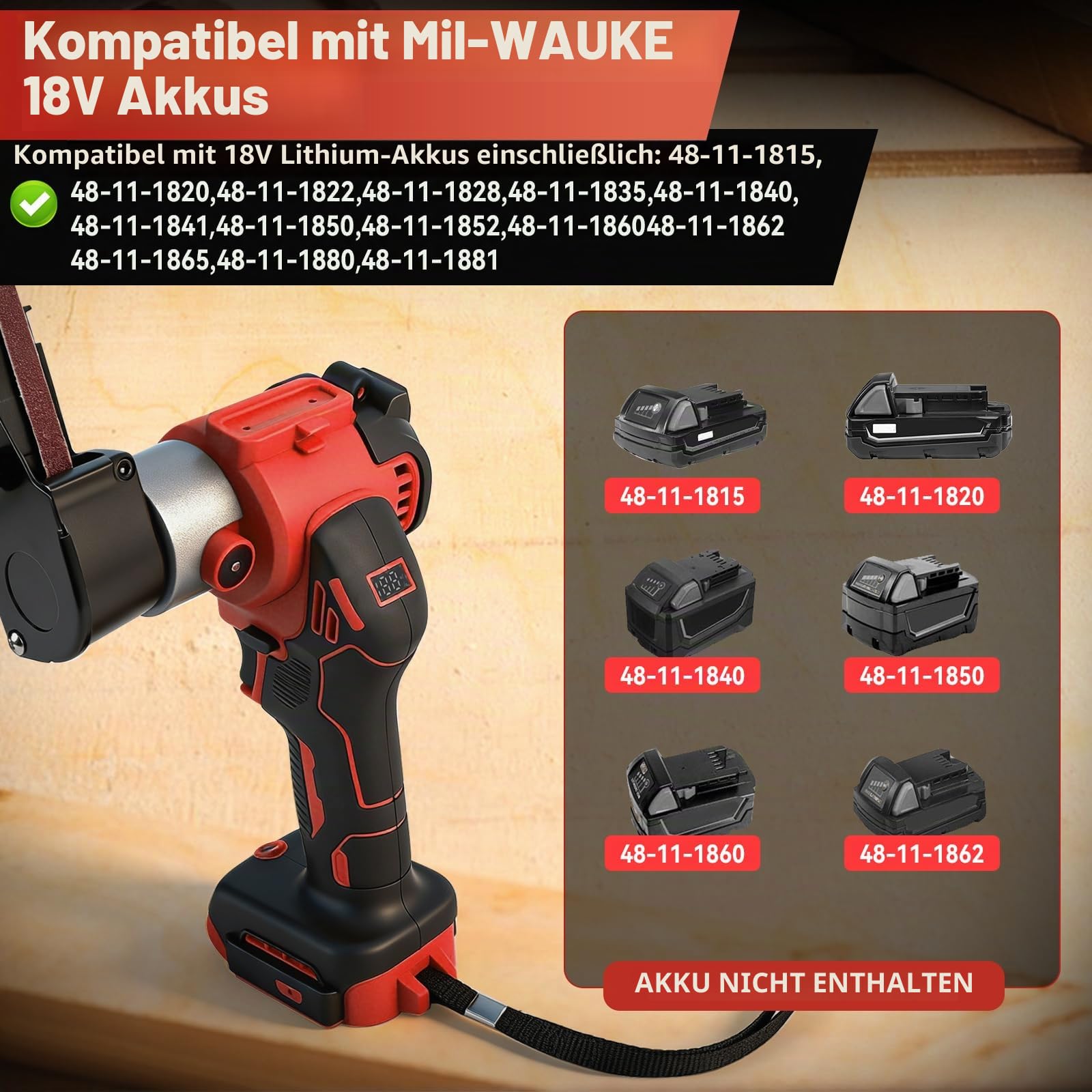 Akku-Bandschleifer Kompatibel mit Milwaukee M18 Akku, 0-13000RPM 360° Einstellbarer Bürstenloser Bandschleifer mit 20 Schleifband für Holz Metall Kunststoff (Rot für Milwaukee)