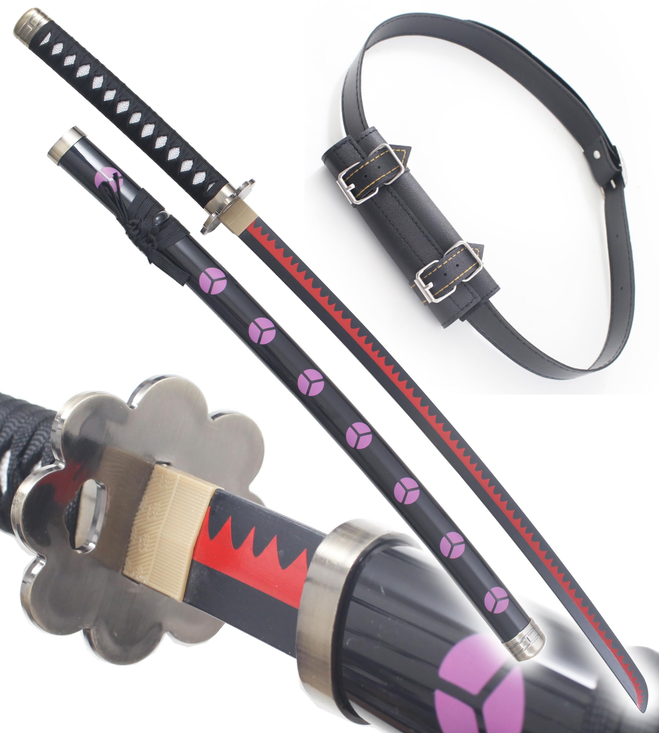 One Piece Katana en Bois Zoro Shusui Replique Epee Sabre Ceinturon Noir