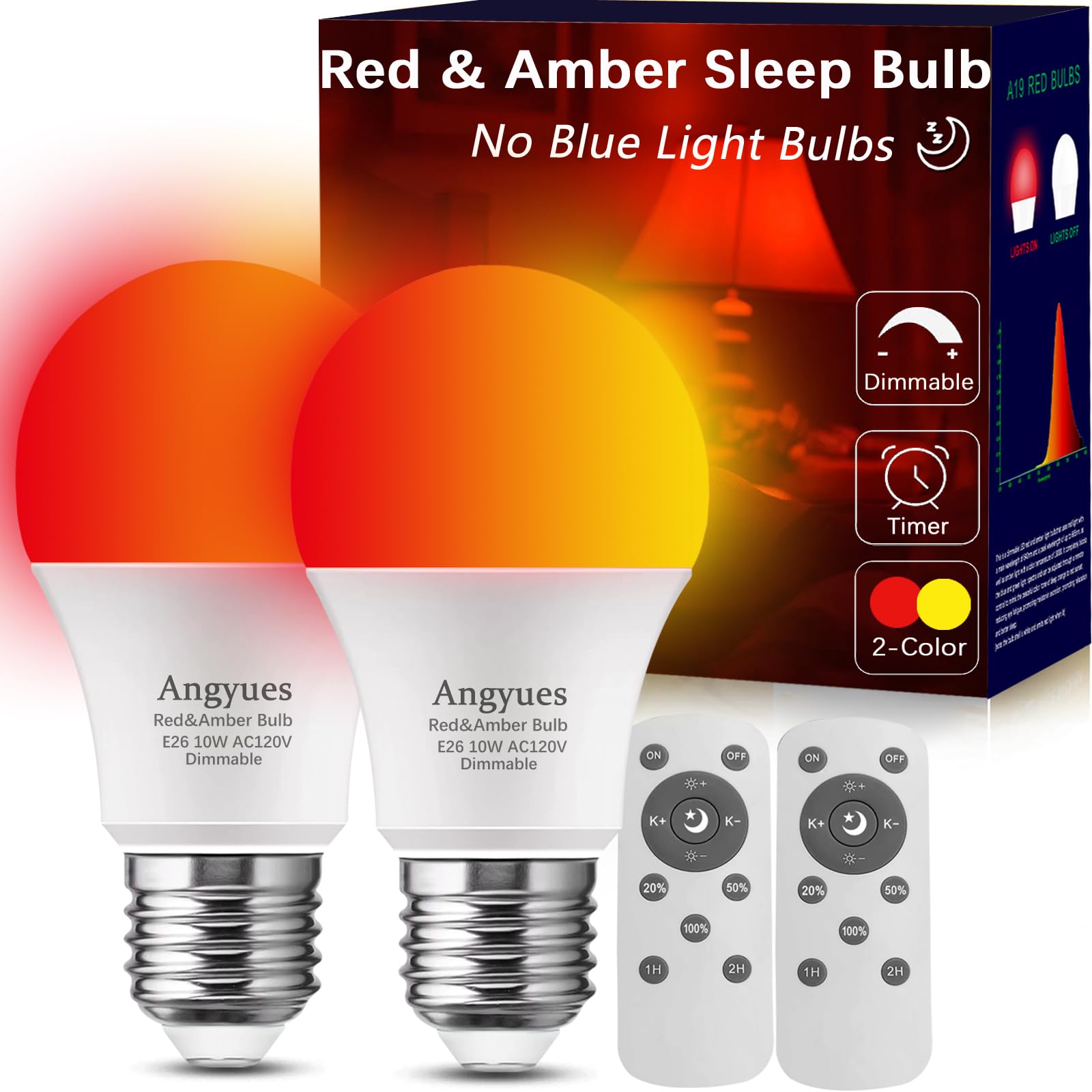Angyues Red and Amber Sleep Bulb with Remote Control Choose 660nm Red Light or 1800K Amberlight,Timer Function, 10W Blue Light Blocking A19 Bulb, E26