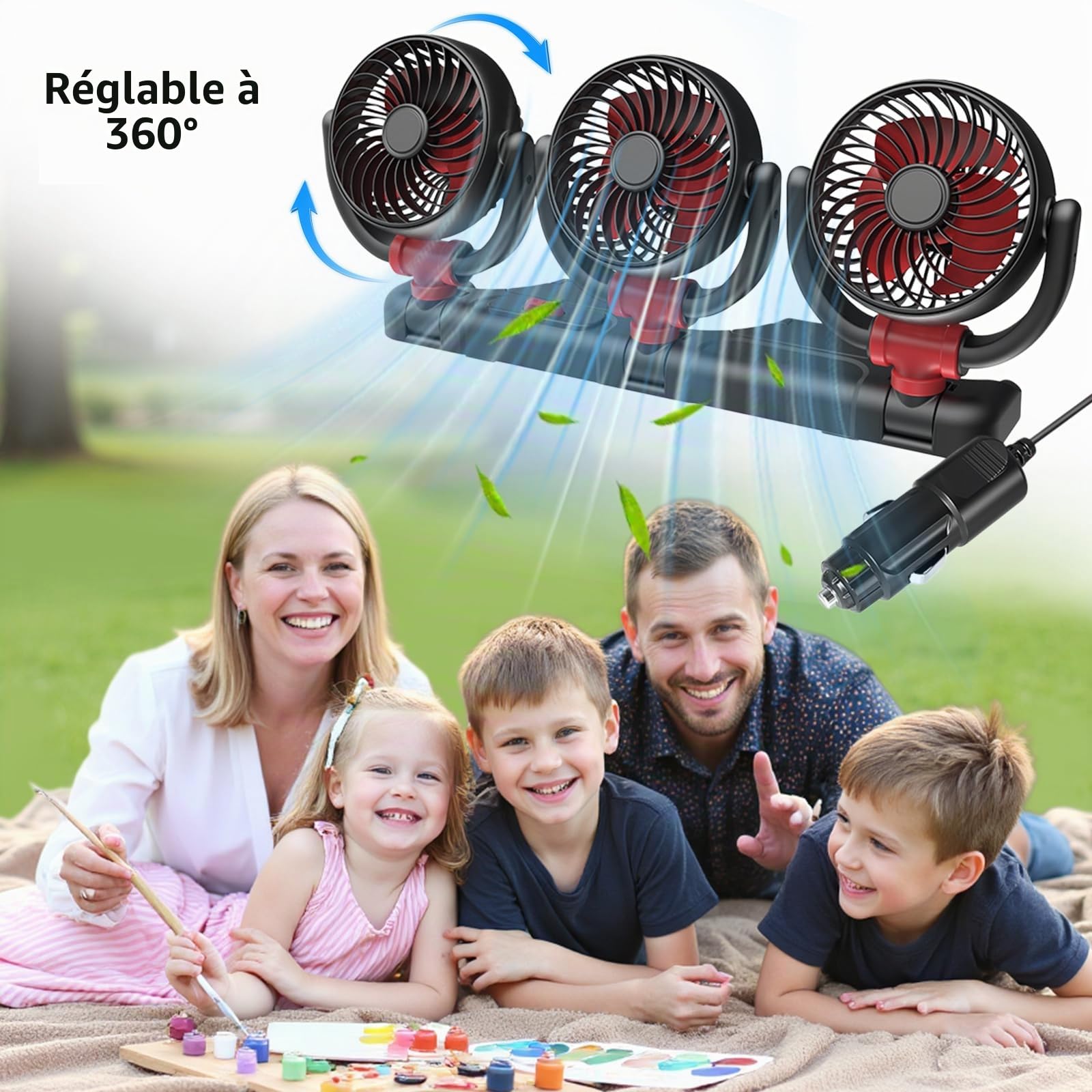 Ventilateur de Voiture, 24 V Ventilateur à Trois Têtes, Voiture, Ventilateur de Véhicule, Ventilateur Électrique Automobile à Trois Têtes, Rotatif À 360 Degrés Ventilateurs, pour Camion, SUV, RV