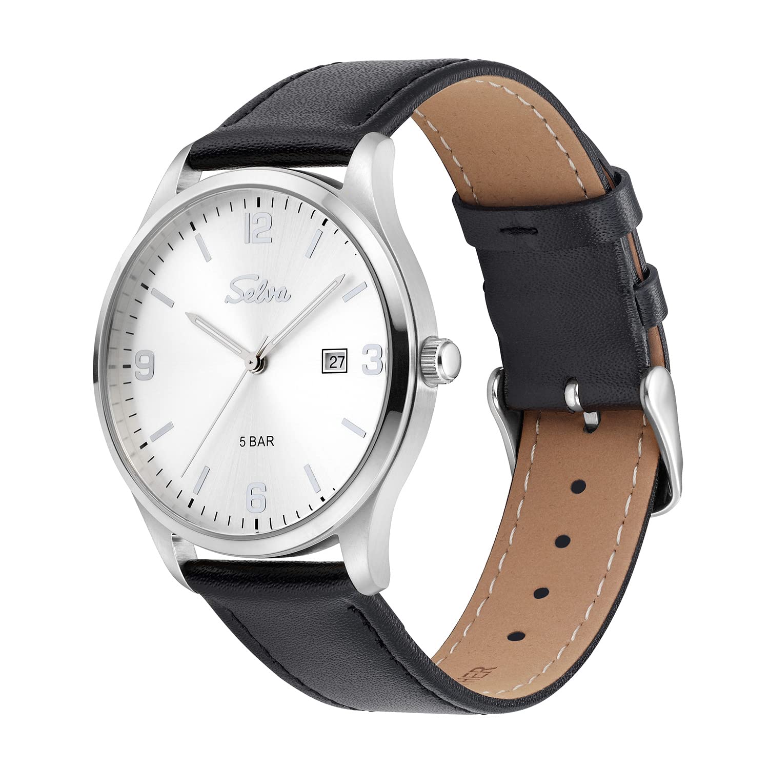 SELVA Orologio da uomo al quarzo, indice e numeri, cassa in acciaio inox, cinturino in pelle, fibbia ad ardiglione, 5 bar