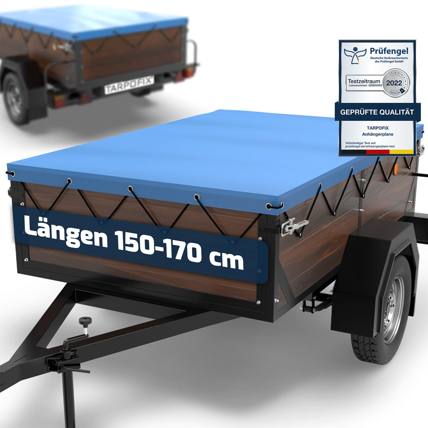 Tarpofix Anhängerplane 170x110 cm mit Planenseil Flachplane PVC Verstärkt für Diverse PKW Anhänger Blau