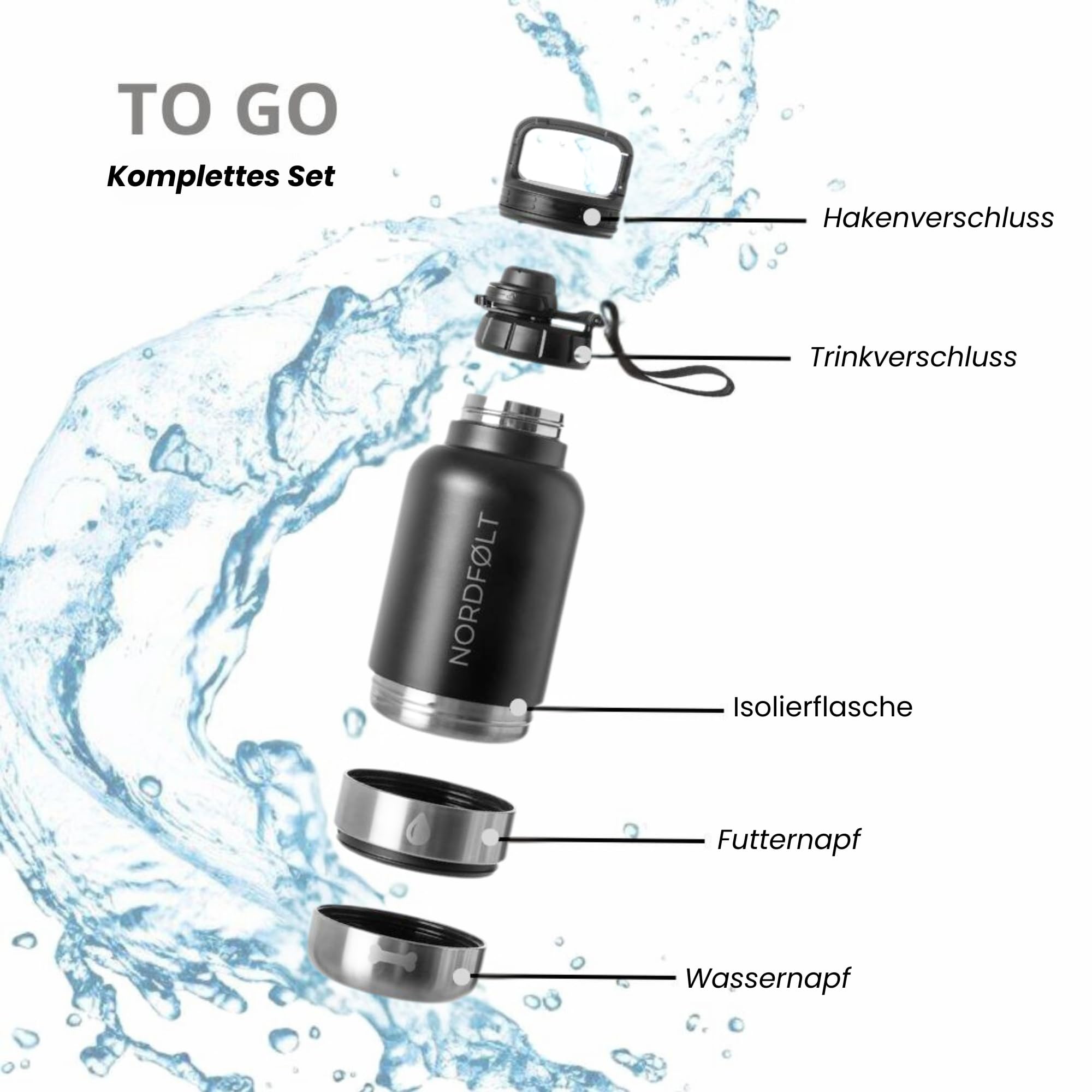 Trinkflasche Hunde Für Unterwegs, 4 in 1 Hundetrinkflasche für Unterwegs 950ml, Isolierflasche aus Edelstahl, Hundezubehör für Reise, Trinkflasche Hund mit Wassernapf und Futternapf, BPA-Frei