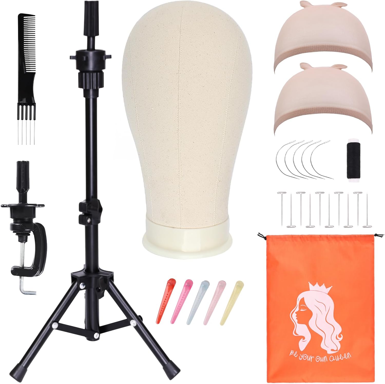 PWEOUKE 22 Inch Canvas Wig Head with Stand for Wigs ,Height Adjustable Wig Stand Tripod with Canvas Block Wig Head,Manikin Head Block Set for Cosmetology with Wig Stand and Storage Bag 22 Inch