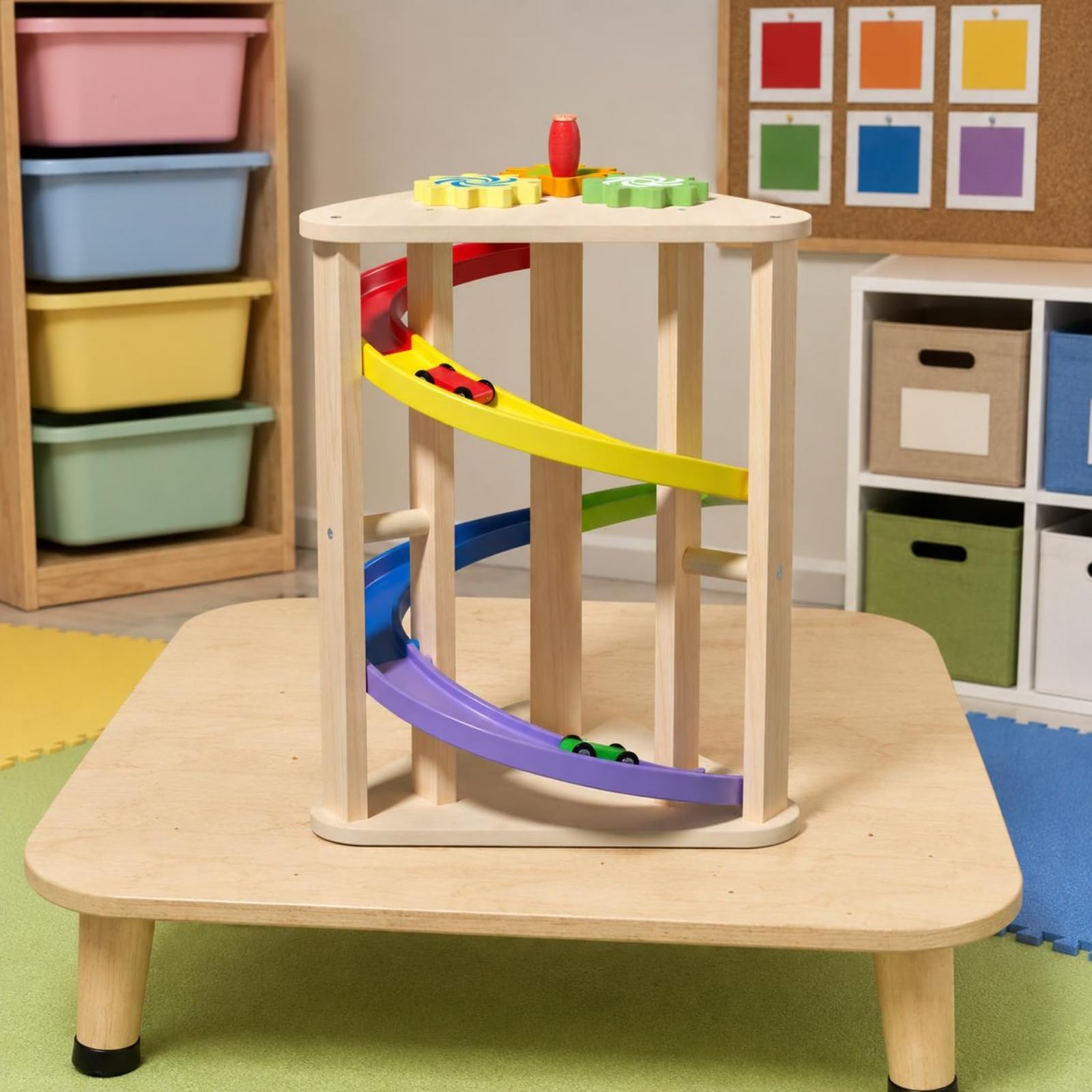 Kinder Kugelbahn Auto Rennbahn Holz Spielzeug Set Rutsche Bahn Lernspielzeug Zahnrad Aktivität Glatte für Vorschule Therapiestelle Frühförderung