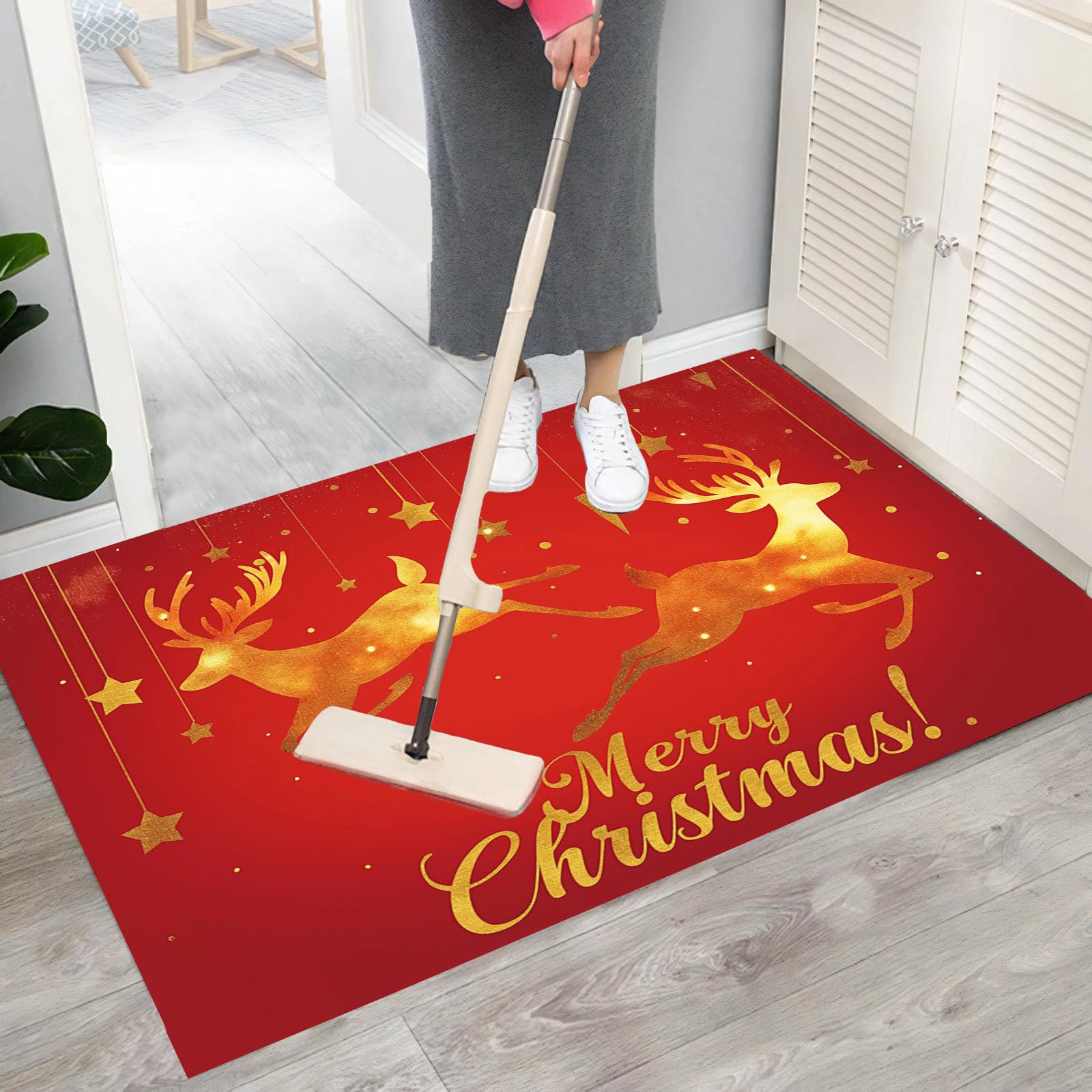 Felpudo de Interior 80x120cm, Diseño de Vuela Reno, Lavable Antideslizante, Alfombrilla Feliz Navidad Plegable de Pelo Corto para Entrada, Alfombra Fácil de Limpiar, Rojo