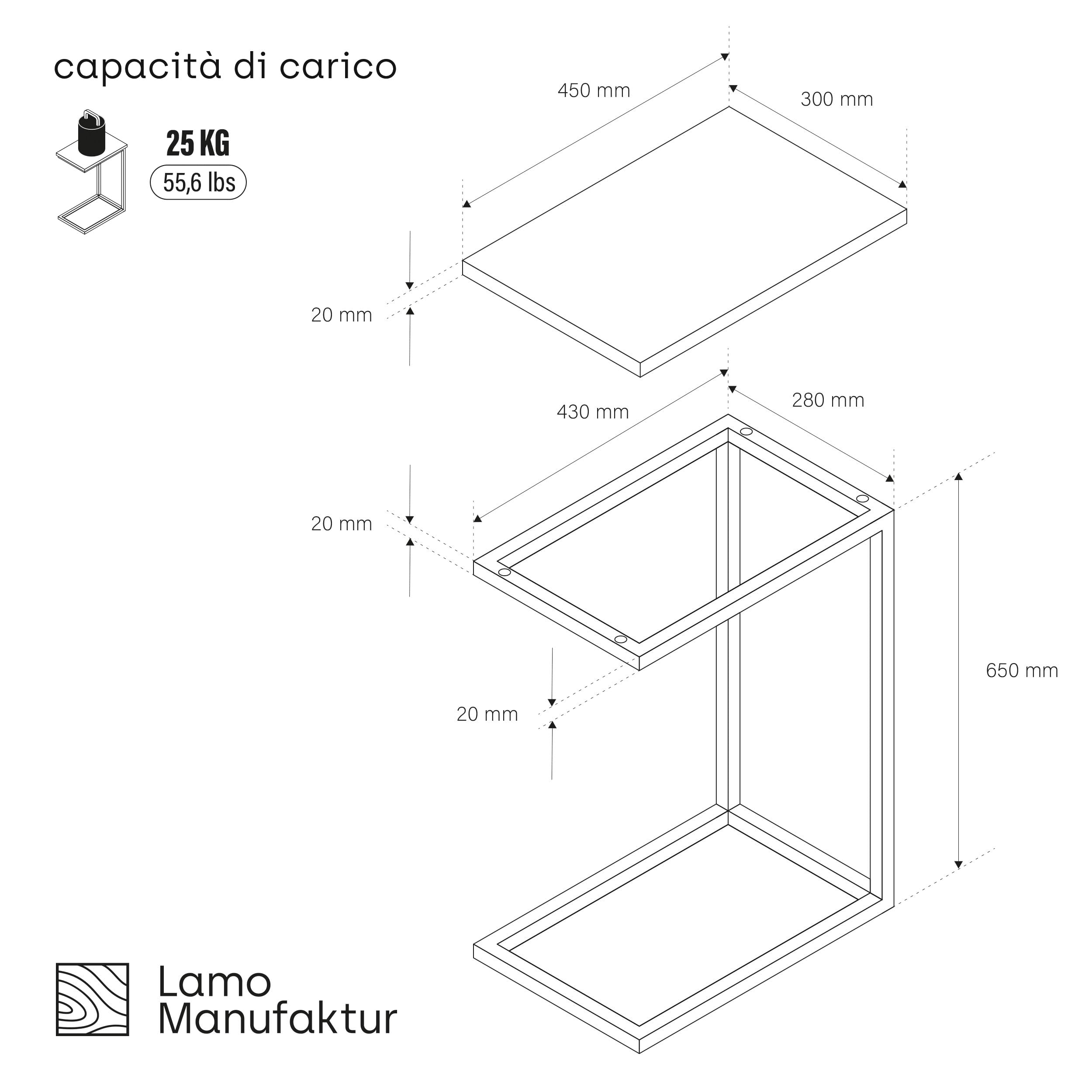 LAMO Manufaktur - Tavolino da scrivania per computer portatile, tavolino portabile, 45 x 30 x 67 cm, struttura bianca, 100% vero legno massiccio, naturale