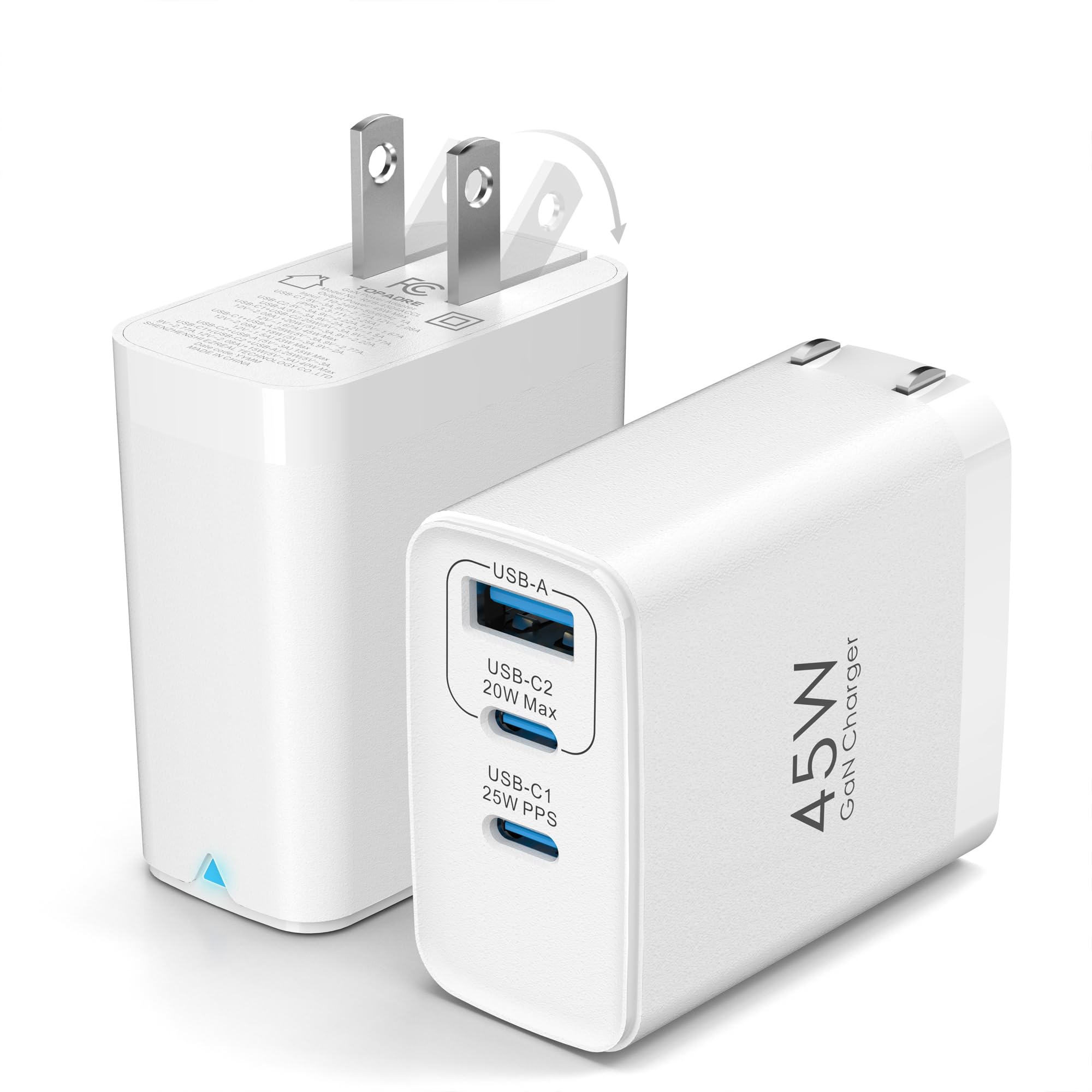 45W USB C Charger Block, 2-Pack Compact Foldable Wall Charger 3-port Type C Charger Fast Charging for iPhone 15/15 Pro/15 Pro Max/15 Plus/14 Pro/13 Pro/12 Pro, for Samsung Galaxy S24/S23, White