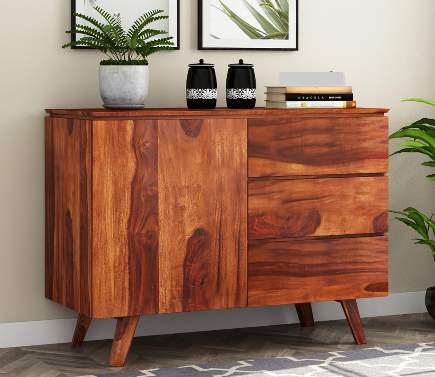 Solid Sheesham Wood Wooden Chest of Drawers for Storage Sideboard Cabinet with 3 Drawers and Single Shelf Storage for Living Room & Bedroom (Kayce, Honey Finish)-image-26