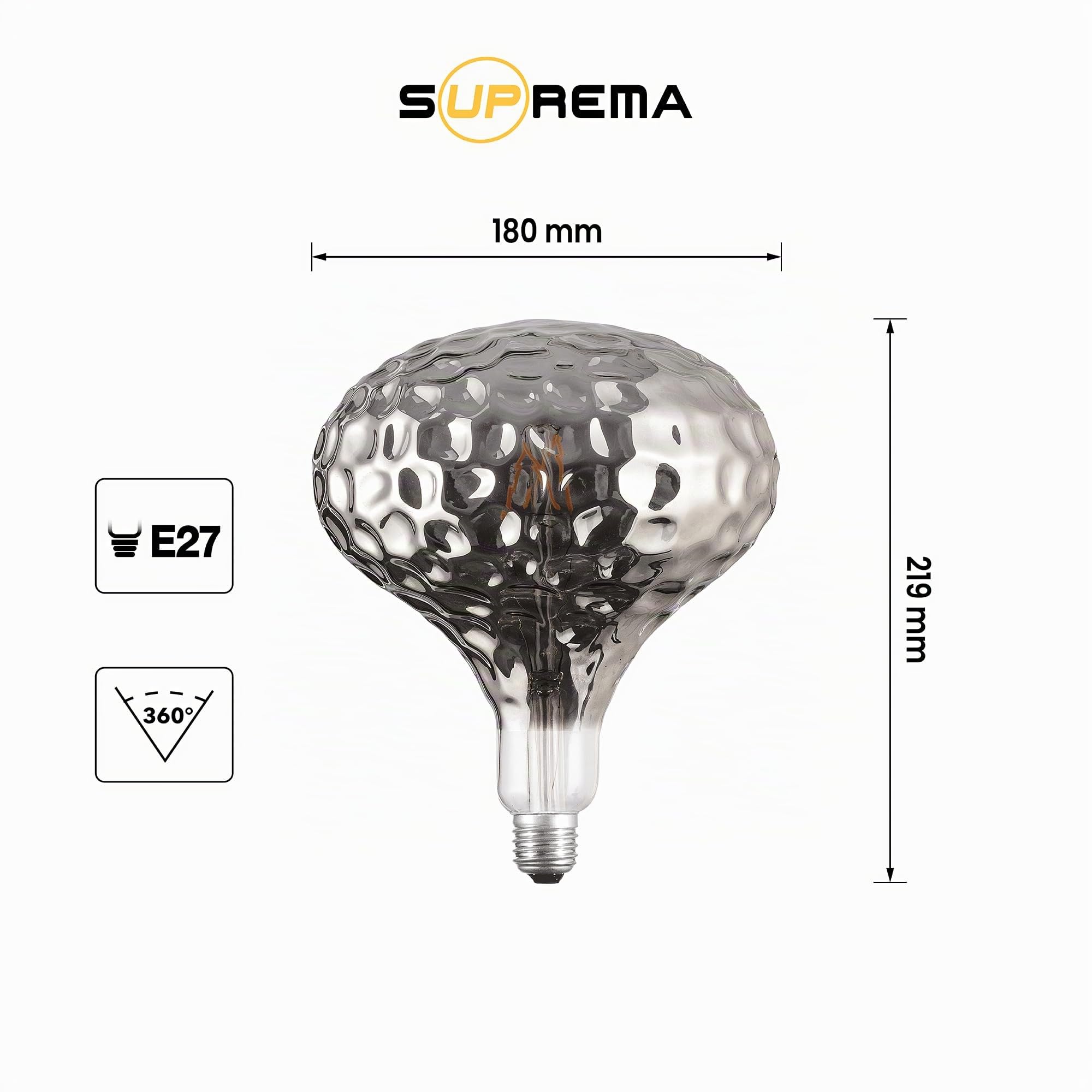 Suprema, Lampadina LED Decorativa Giant, Dimmerabile, Luce Calda, Attacco E27 (Smoke vetro lavorato)