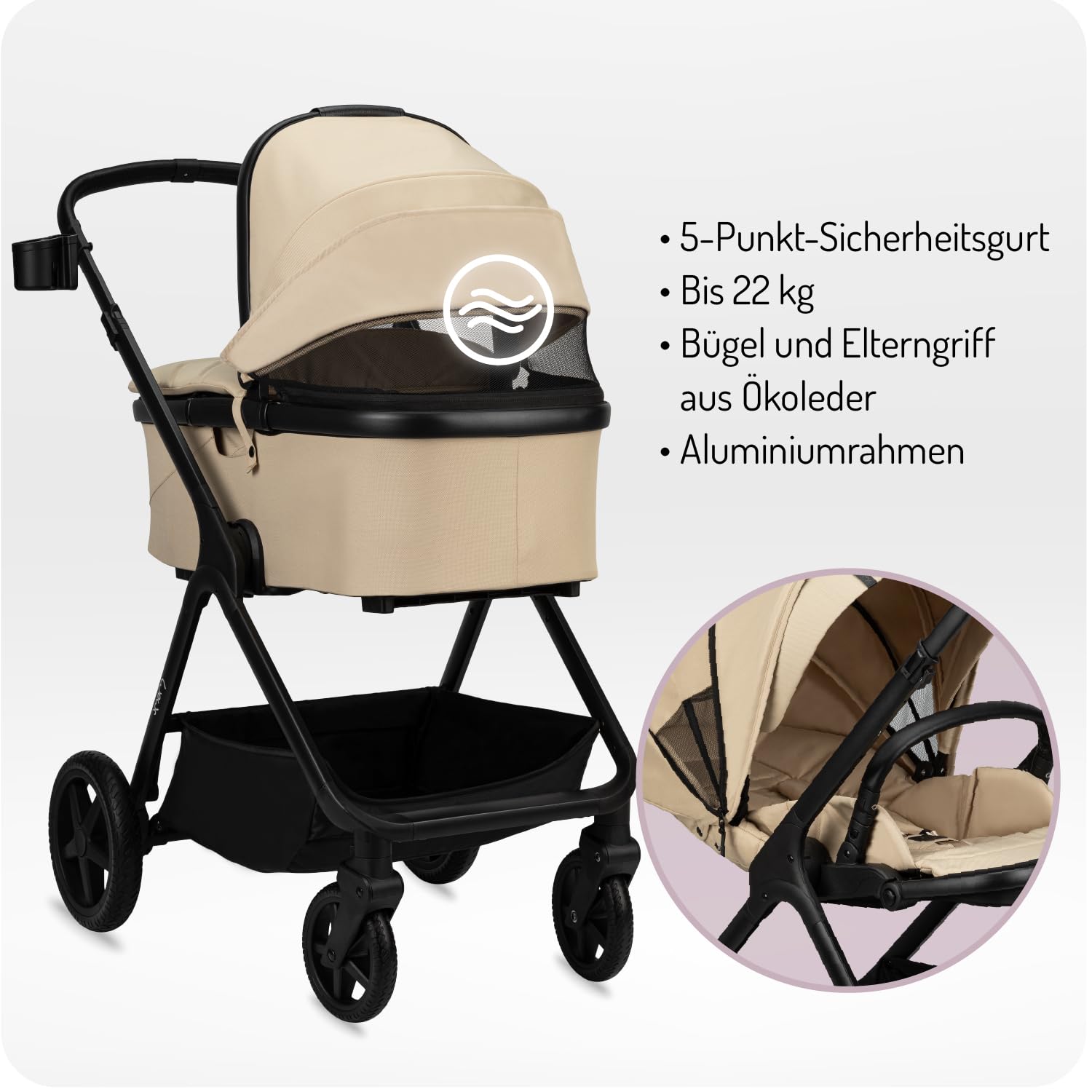 MoMi GISELLE Kombi-Kinderwagen 2 in 1 mit Buggy-Funktion, 5-Punkt-Sicherheitsgurt, ab dem 1. Lebenstag, bis 22 kg Körpergewicht (Buggy), Einkaufskorb, Matratze, Regenschutz und Wickeltasche