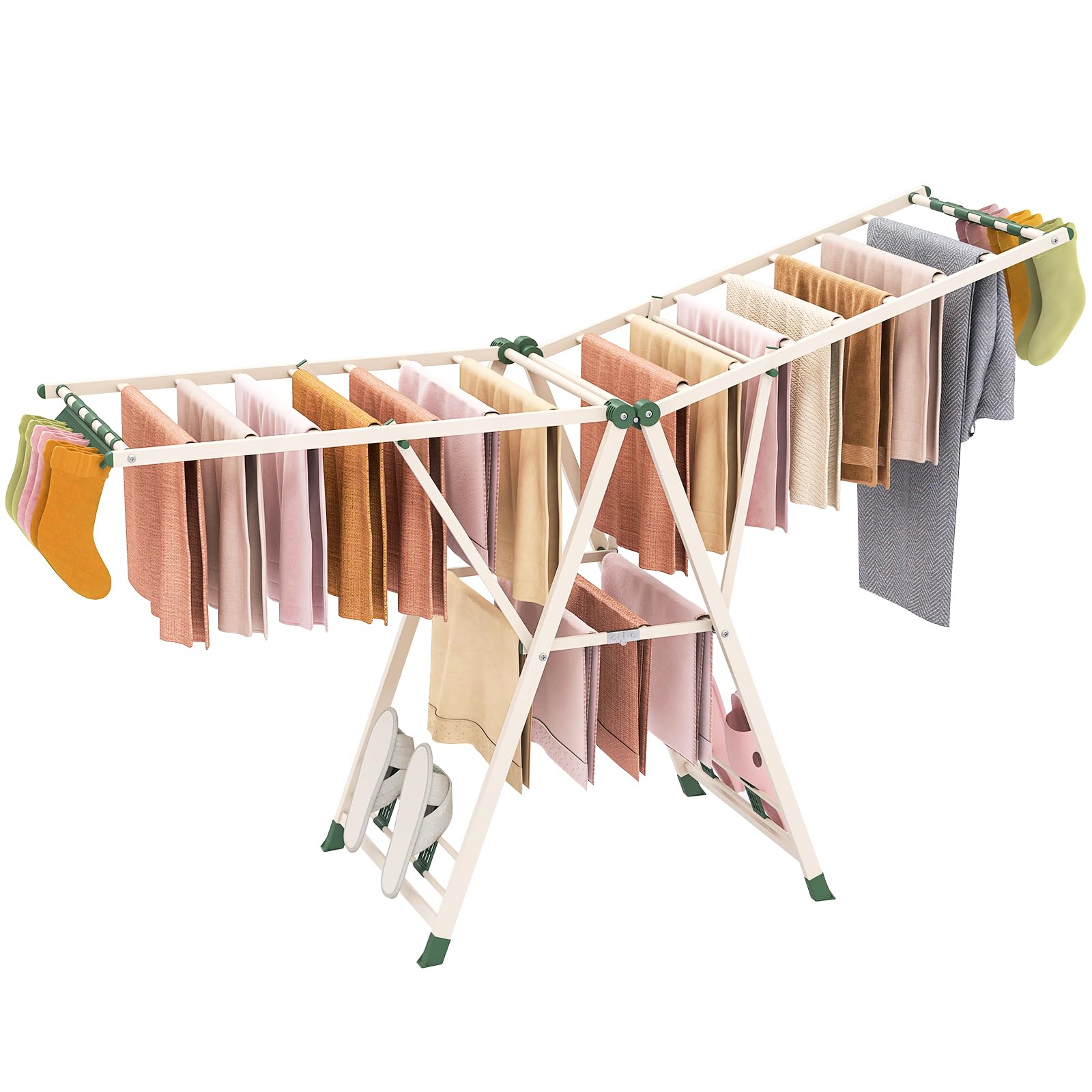 COSTWAY Etendoir Linge Pliable, Sechoir a Linge Pliable 20 Barres, Cadre en Acier, Hauteur Réglable 99-168 cm, Pinces à Chaussettes, 4 Porte-Chaussures, Tancarville Linge Intérieur (Beige,184 cm)