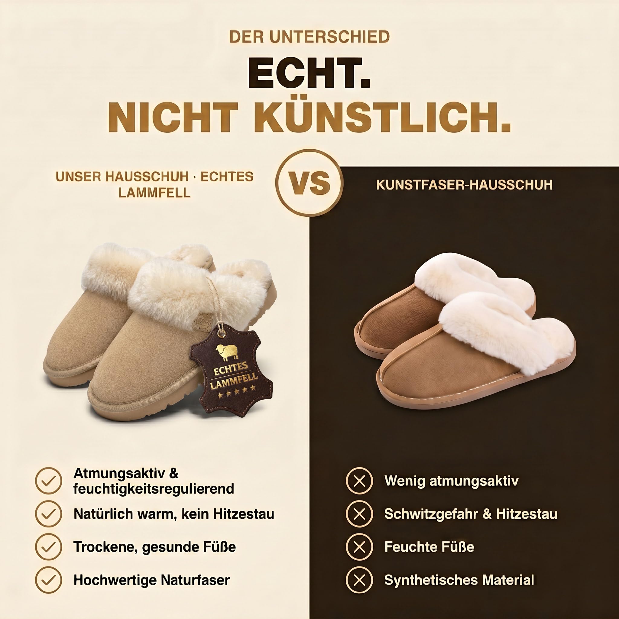 Rohn Moden Lammfell Hausschuhe Damen– Talea – Warme Hausschuhe Damen mit Schaffell & rutschfester EVA-Sohle – Winter Pantoffeln für zuhause – Slipper gefüttert - Braun Rose Grau
