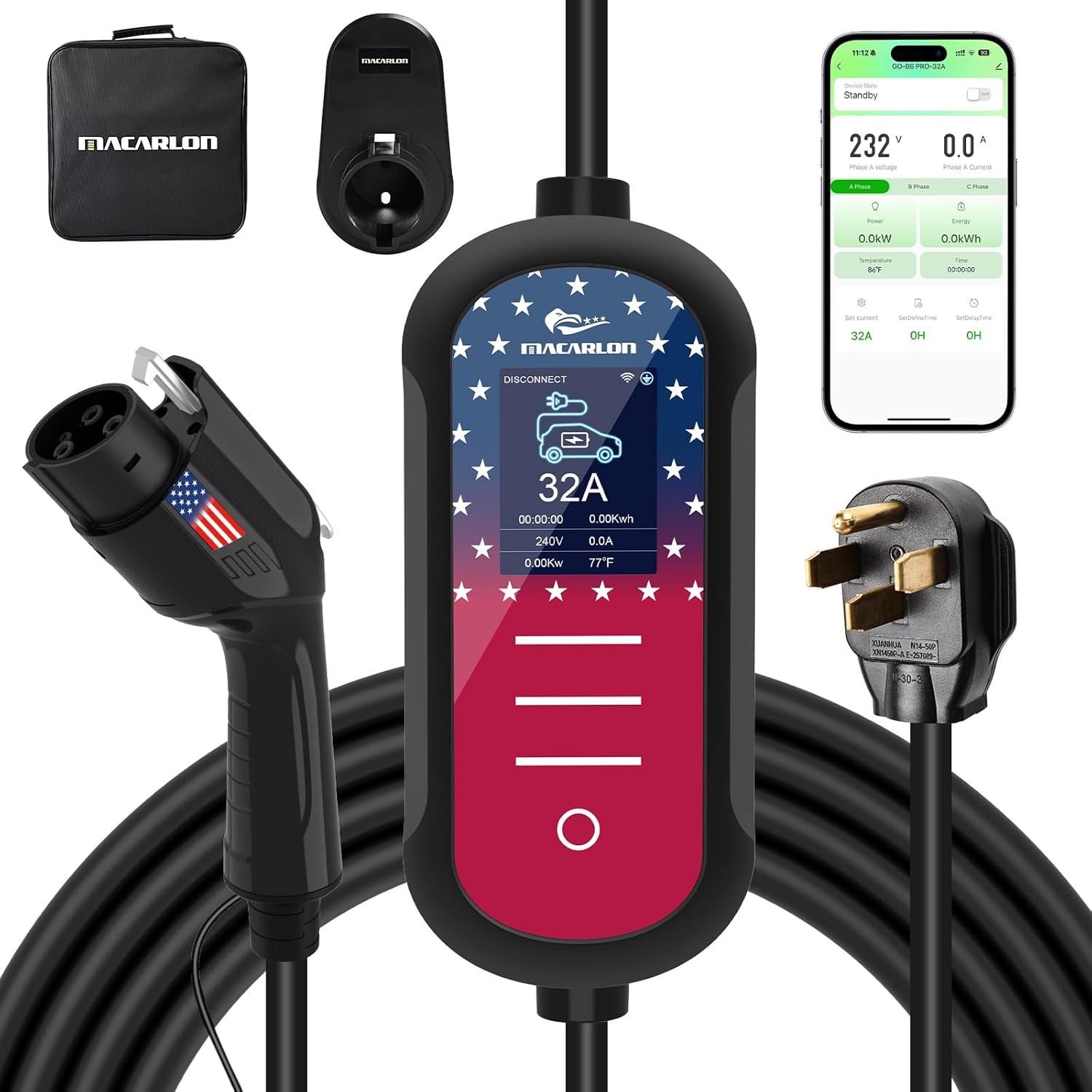 Level 2 EV Charger 32A, 240V,7.68KW, NEMA 14-50 Plug,Electric Vehicle Charger Portable,25ft Cable,Plug & Play for J1772,for Home and Outdoor (Black)