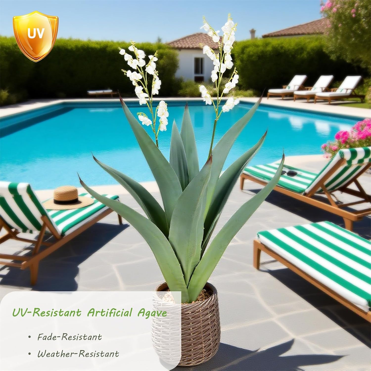 Nafresh 3ft UV Resistant Artificial Agave Plant in Brown Woven Planter,37" Faux Agave Plant Outdoor with Lifelike Leaves and Flowers for Front Porch Patio Living Room Pool Indoor & Outdoor Decor