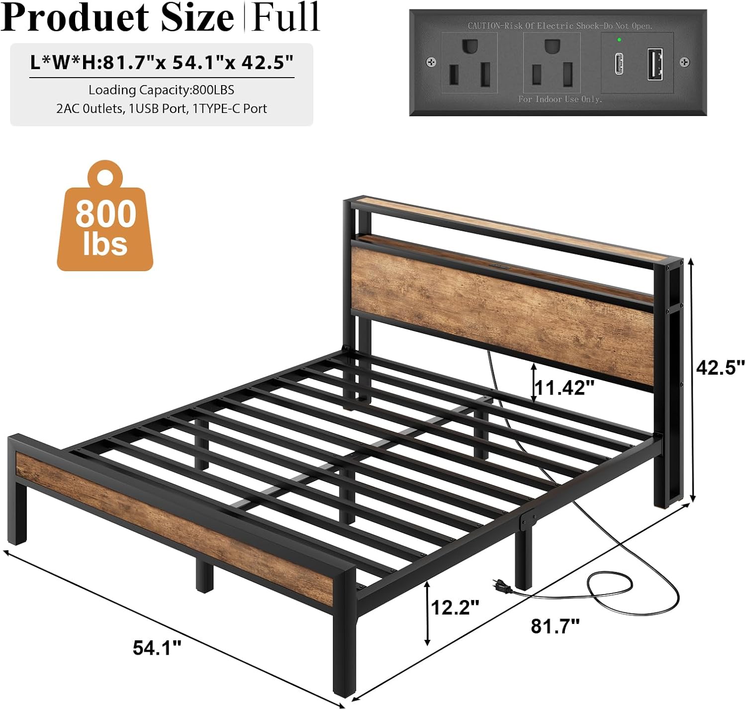 Full Size Bed Frame with Storage Headboard, Industrial Platform Bed with Charging Station and LED Lights, Heavy Duty Metal Slats, No Box Spring Need, Noise Free, Rustic Brown