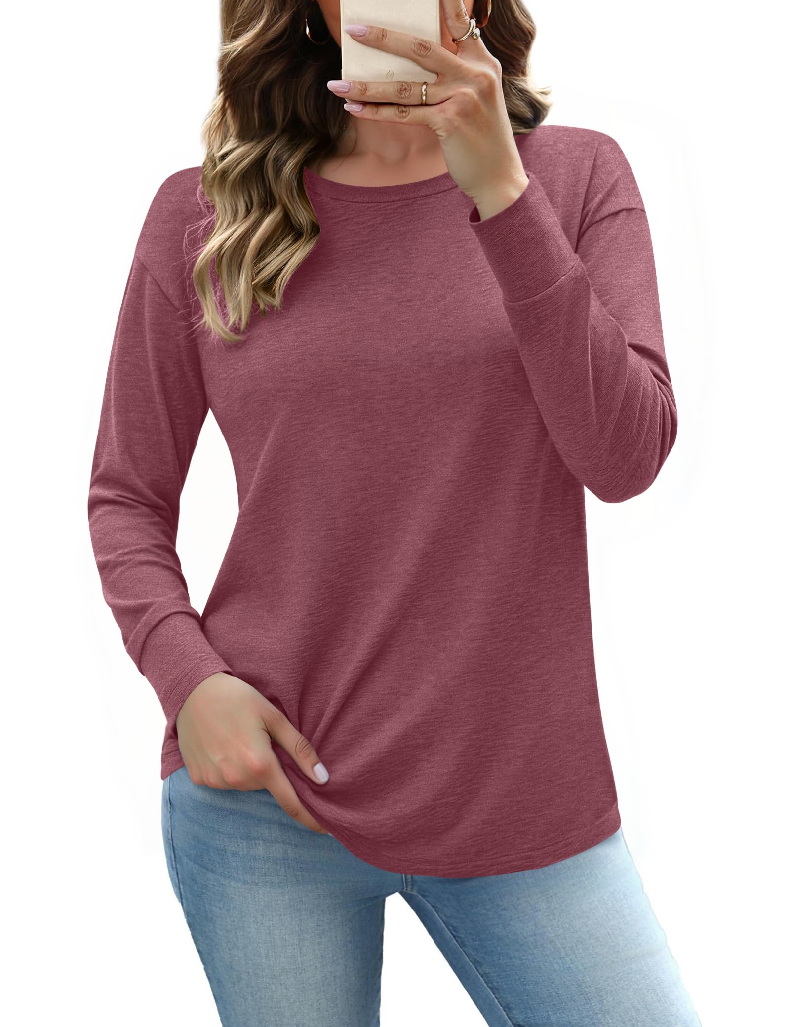 Totatuit T-Shirt Damen Langarmshirt Oberteile Rundhals Longshirt Langarm Top Einfarbig Bluse Shirts